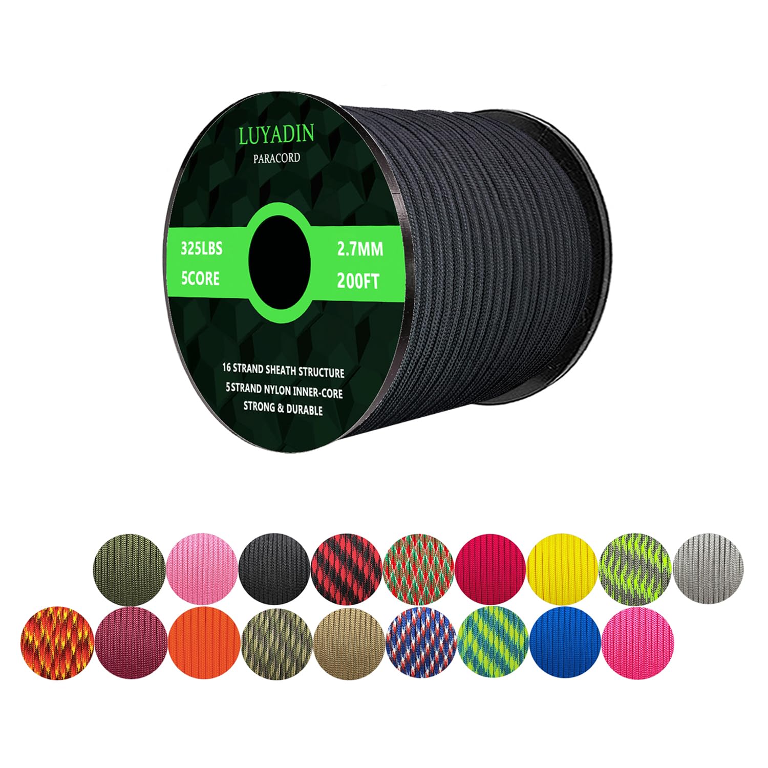 Paracord - Cuerda de paracaídas de 320 libras de diámetro de 2,7 mm - 5 hebras - 100 pies 200 pies, cuerda de paracaídas para camping, senderismo, pesca, al aire libre y bricolaje