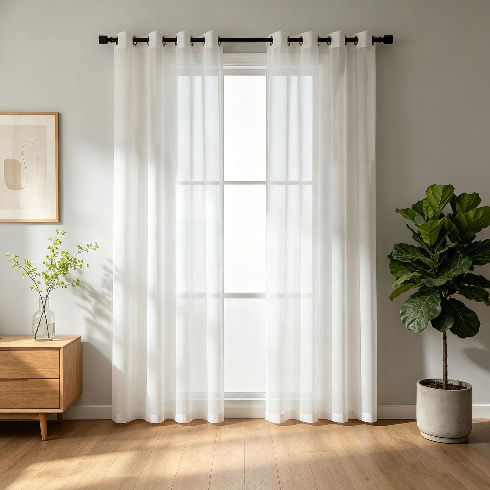 HOKXUAN Eyelet Top Sheer Curtains 130 x 155 cm Grommet Light Filtering Airy Breathable Eyelet Top Curtains for Bedroom, White