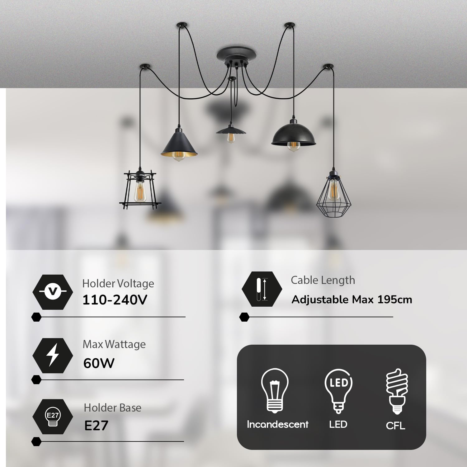 LEDSone 5 Kopf Spinne Pendelleuchte Höhenverstellbar Metalldraht Käfig 60W E27 Halter 110-240V Hängelampe (ohne Birne)