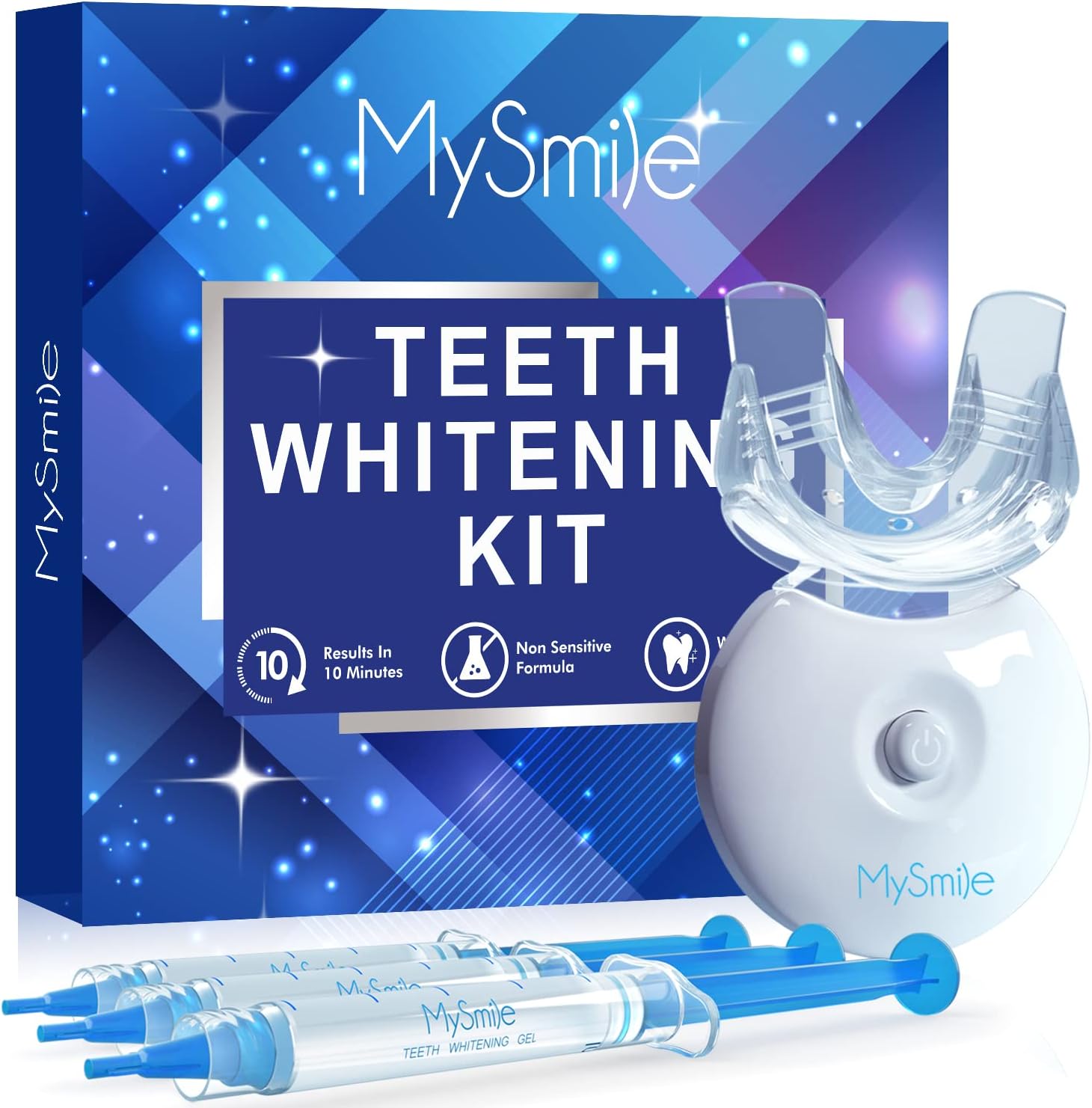 MySmile Teeth Whitening Kit with Whitening Light, Non-Sensitive Teeth Whitener Kit with 3 Teeth Whitening Gel Syringes,10 Min Fast-Result Home Tooth Whitening Dental Care Help Remove Teeth Stain