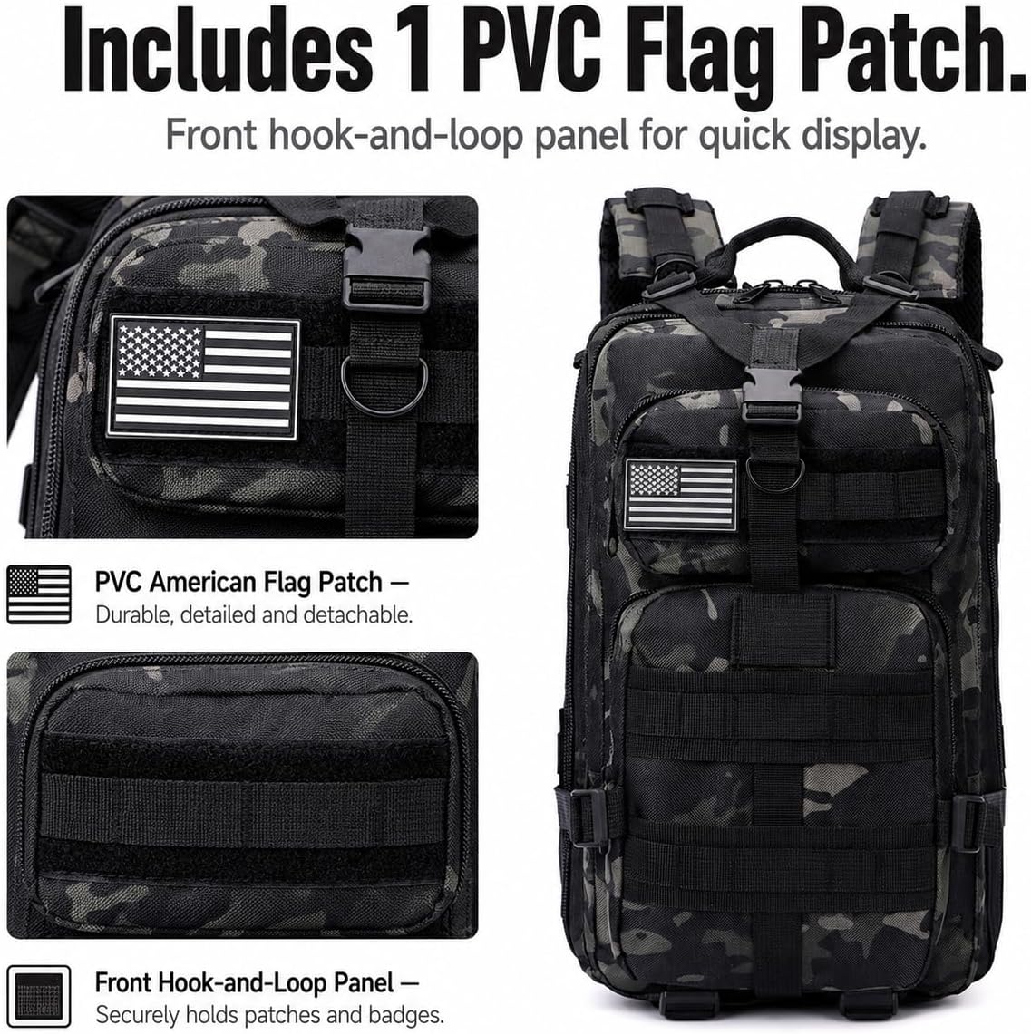 30L Military Tactical Backpack, Black Camouflage, w/USA Flag Patch | MOLLE, Hiking Camping Travel Bag, Comfortable, Durable