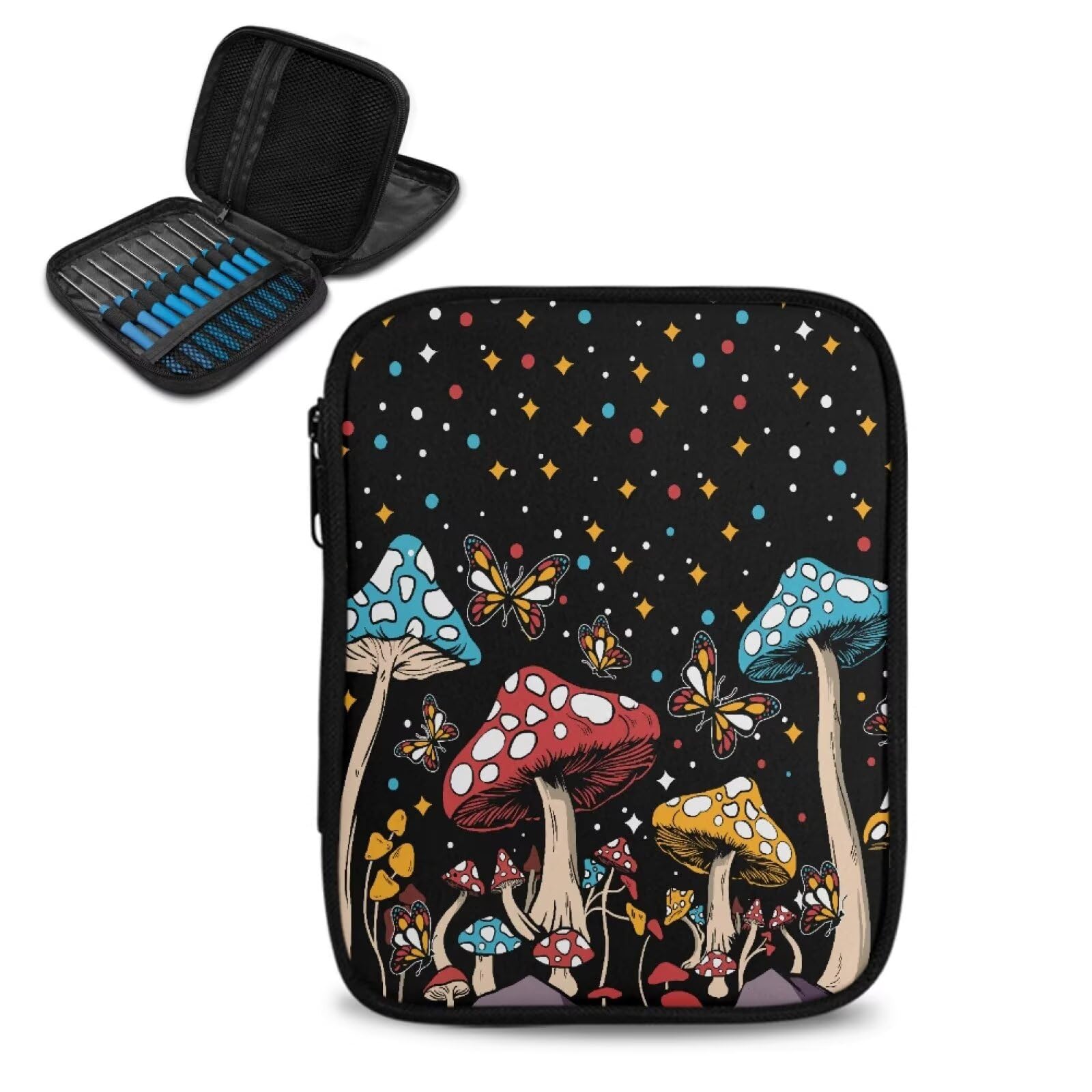 Cartoon Mushroom Crochet Storage Organizer with Web Pockets Butterfly Knitting Needle Storage Vacation Portable Crochet Hook Case for Holiday Decor
