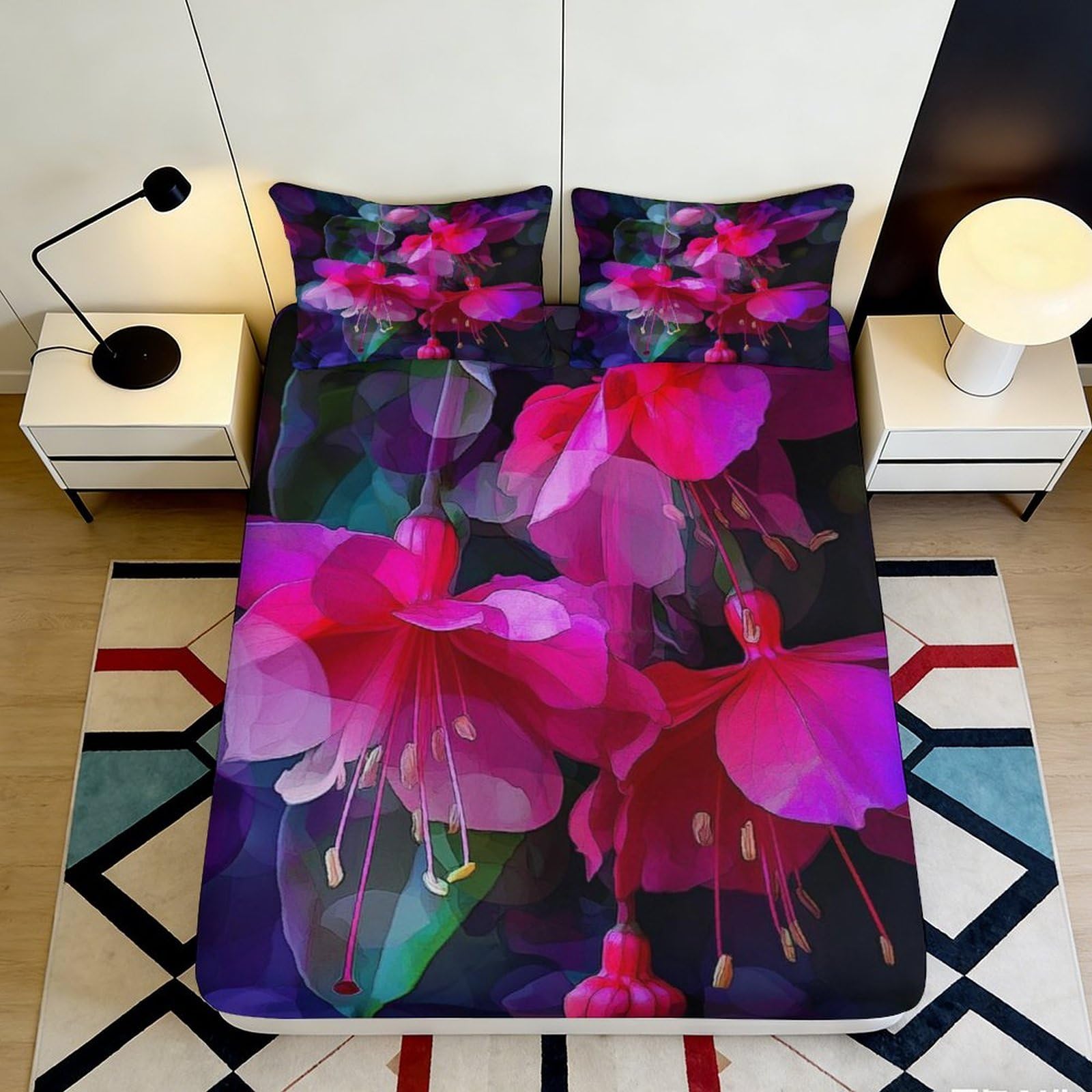 3D Printed Fuchsia Blossom Fitted Sheet Microfiber Soft Breathable Purple Petal Mattress Cover for Bedroom Decor 90x200x25cm