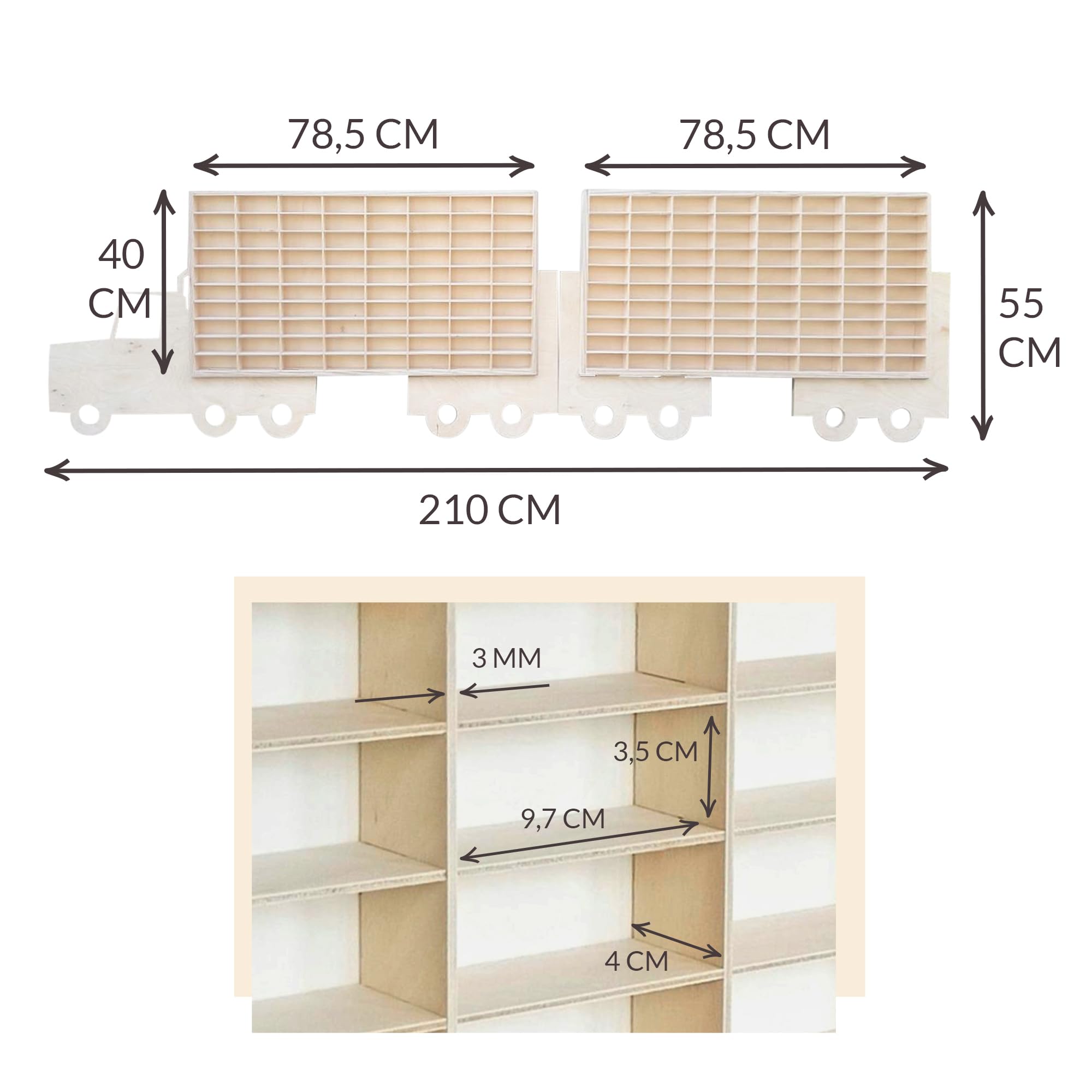 TIR Wandvitrine mit Anhänger für Spring Cars & Spielzeug – Große Sammlerbox mit 160 Fächern – Modellauto-Displayständer aus Holz210 x 55 cm