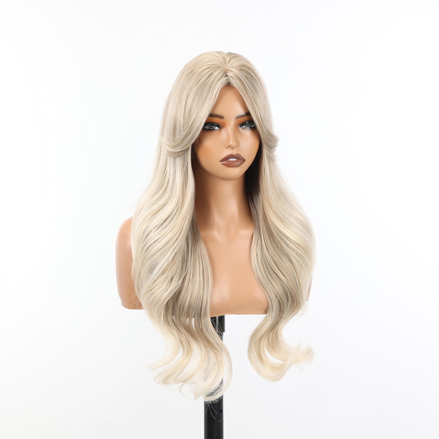 Rooted Salt Cream Blonde Ombré Wig With Bangs Long Wavy PuffPro Voluminous High Crown Wigs for Women,4x4'' Parting Realistic Scalp,Mob Wife/Clean Girl/Office Siren/Old Money Style image 3