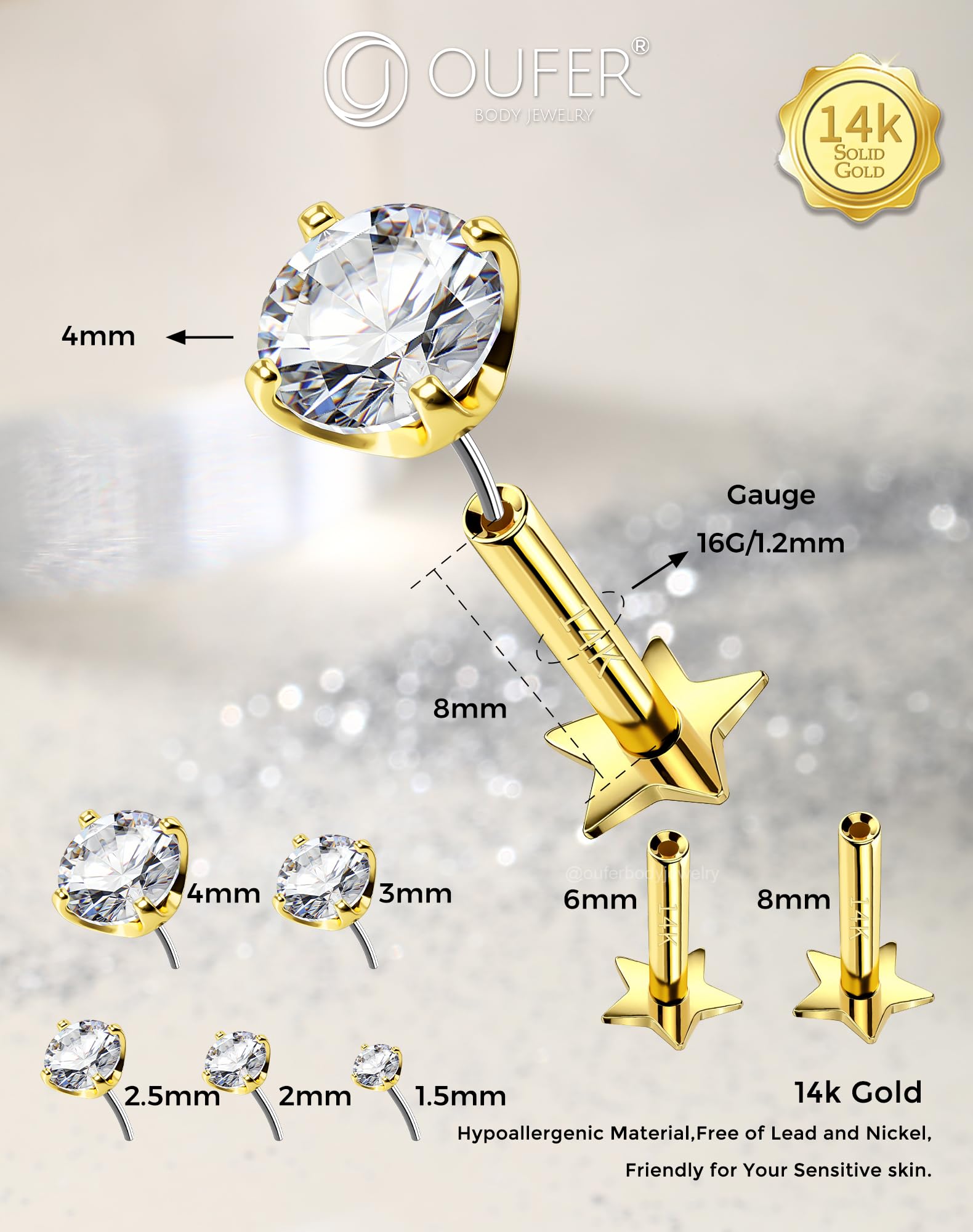 OUFER Body Piercing Threadless 14K Gold Lip Piercing Jewellery Push In Helix Earrings Piercing 16G Cartilage Earring Tragus Conch Piercing Jewellery Labret Stud Bar