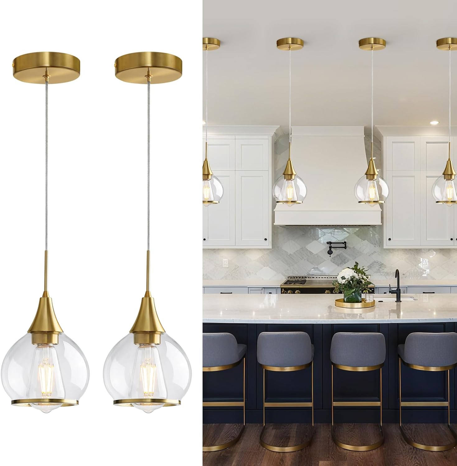 Pendant Light Fixtures Kitchen: 2 Pack Modern Gold Island Light with Clear Glass - 6 Inch Mid Century Globe Kitchen Lighting Chandeliers Ceiling for Foyer Bedroom Gold 2 Pack