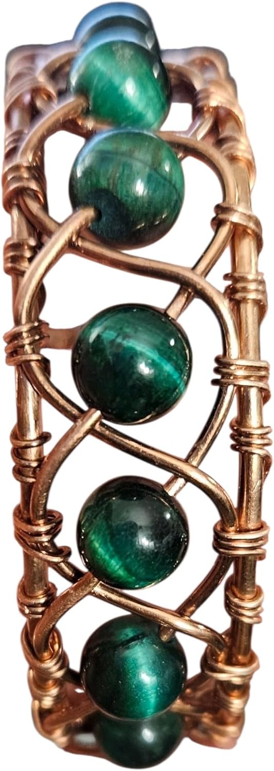Genuine Emerald Green Tiger Eye Stone and Braided Copper Wire Wrapped Bracelet Handmade Cuff style Choose 7 inch cuff or 8 inch inside circumference consider it needs to fit abit loose for comfort. If you need a special size please send me message. Thick base copper ;very strong and more rigid 1 inch wide