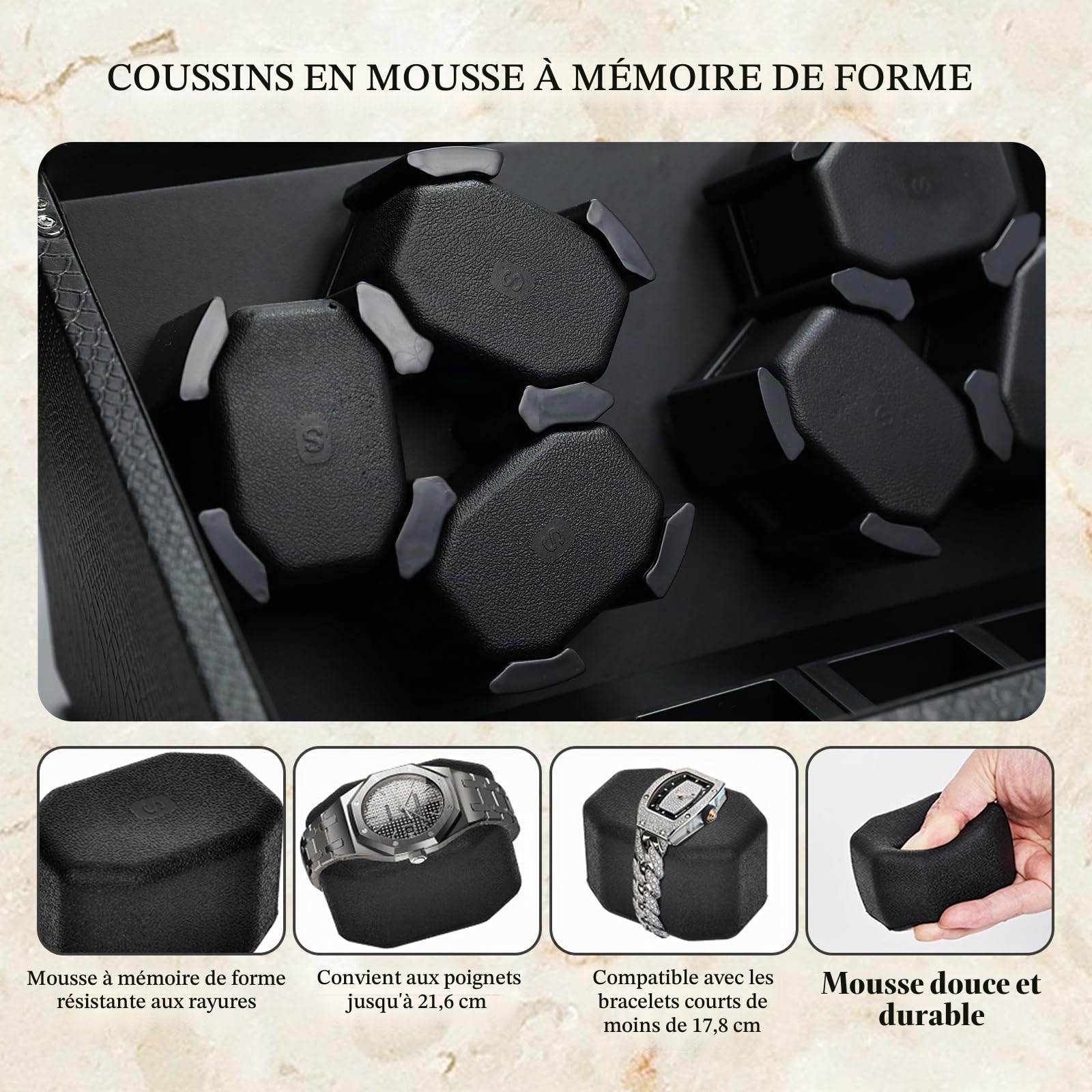 Remontoir Montre Automatique, 6 Boite Montre Automatique avec Rétroéclairage LED, Moteur Silencieux, Plusieurs Modes de Rotation, Remontoire Montre Automatic Technologie Intelligente d'Arrêt