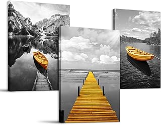 hyidecorart Cuadros Decoracion Salon Modernos, 3 Piezas Nórdico Montañas Y Lago Panorama Gris Amarillo Barco Arte Impresión Decoración Dormitorios Comedor Oficina Pasillo Cocina Y Baño