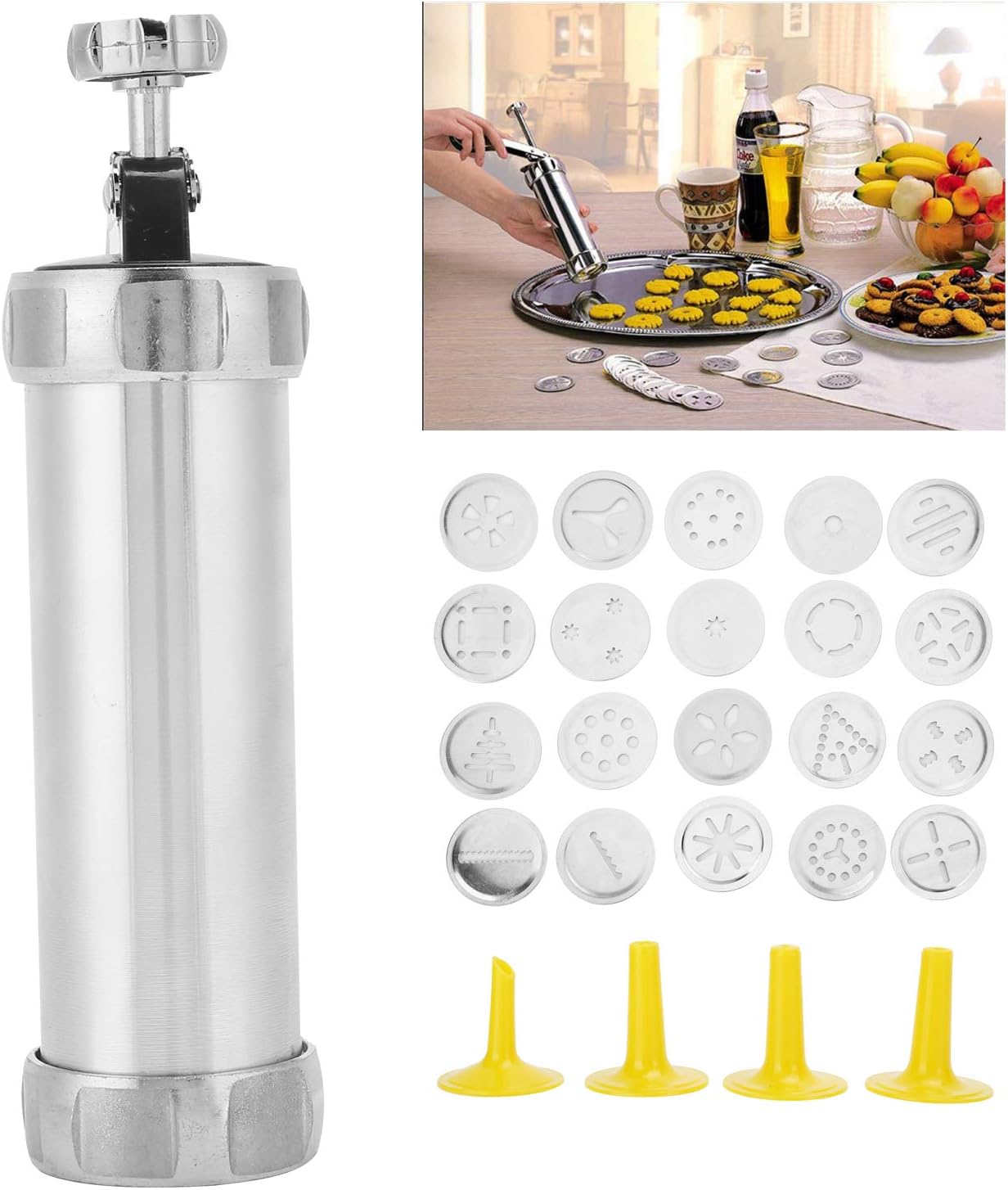 Cookie Press Kit for DIY Biscuit, Aluminum Alloy Cookies Press Maker Set with 20 Cookie Discs and 4 Nozzles