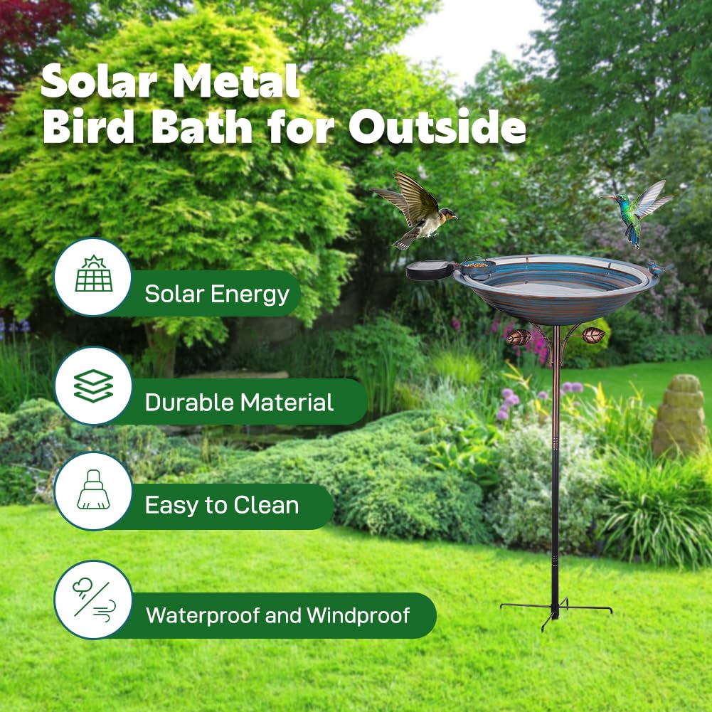 Vogeltränke aus Metall mit Pfahl, große stehende Vogeltränke mit Solarlicht, 99,1 cm hohe Vogeltränke und Futterstation mit 38,1 cm Schüssel und dekorativem Gusseisen-Vogel für den