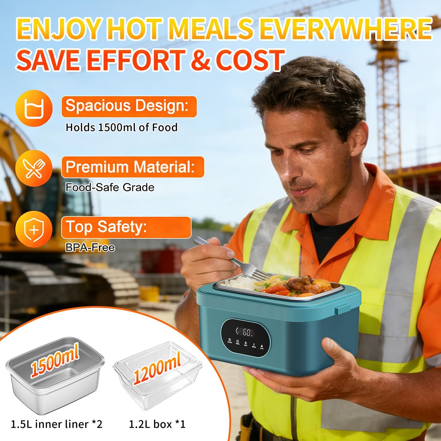 Cordless Electric Lunch Box for Adults,Battery Powered Heated Lunch Box,Portable Food Warmer for Work Car Travel,5-Sided Fast Heating,24000mAh Rechargeable,Stainless Steel Containers,Insulated Bag