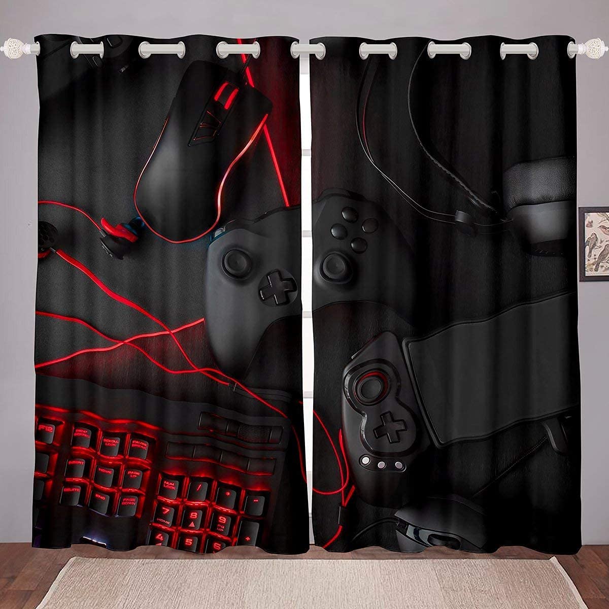 Loussiesd Giocare, tende opache per camera da letto, soggiorno, per ragazzi e ragazzi, cuffie, console da gioco, tastiera del mouse, tenda da finestra, colore nero, rosso, 175 x 140 cm, set da 2