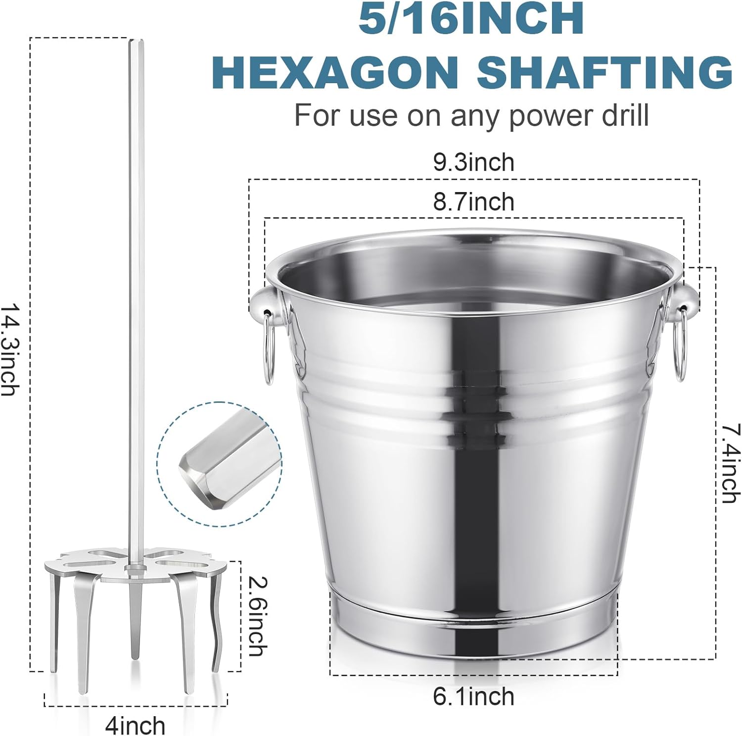 Havawish 4 Inch Stainless Steel Pork Puller Silver Meat Fork Meat Shredder with 5L/ 5.28qt Stainless Steel Bucket Drill Attachment Chicken Shredder with Standard Hand Drill for Beef Masher Tamale Meat