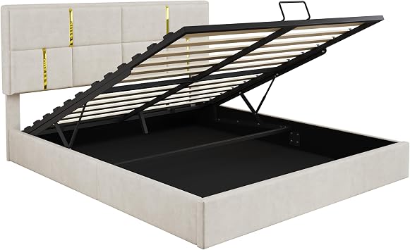 JIVOIT Upholstered Platform Bed with Hydraulic Storage System, Queen Size Storage Bed with Headboard and Wood Slats Support, Space Saving Wood Platform Bed Frame for Bedroom (Beige,Bed,5)