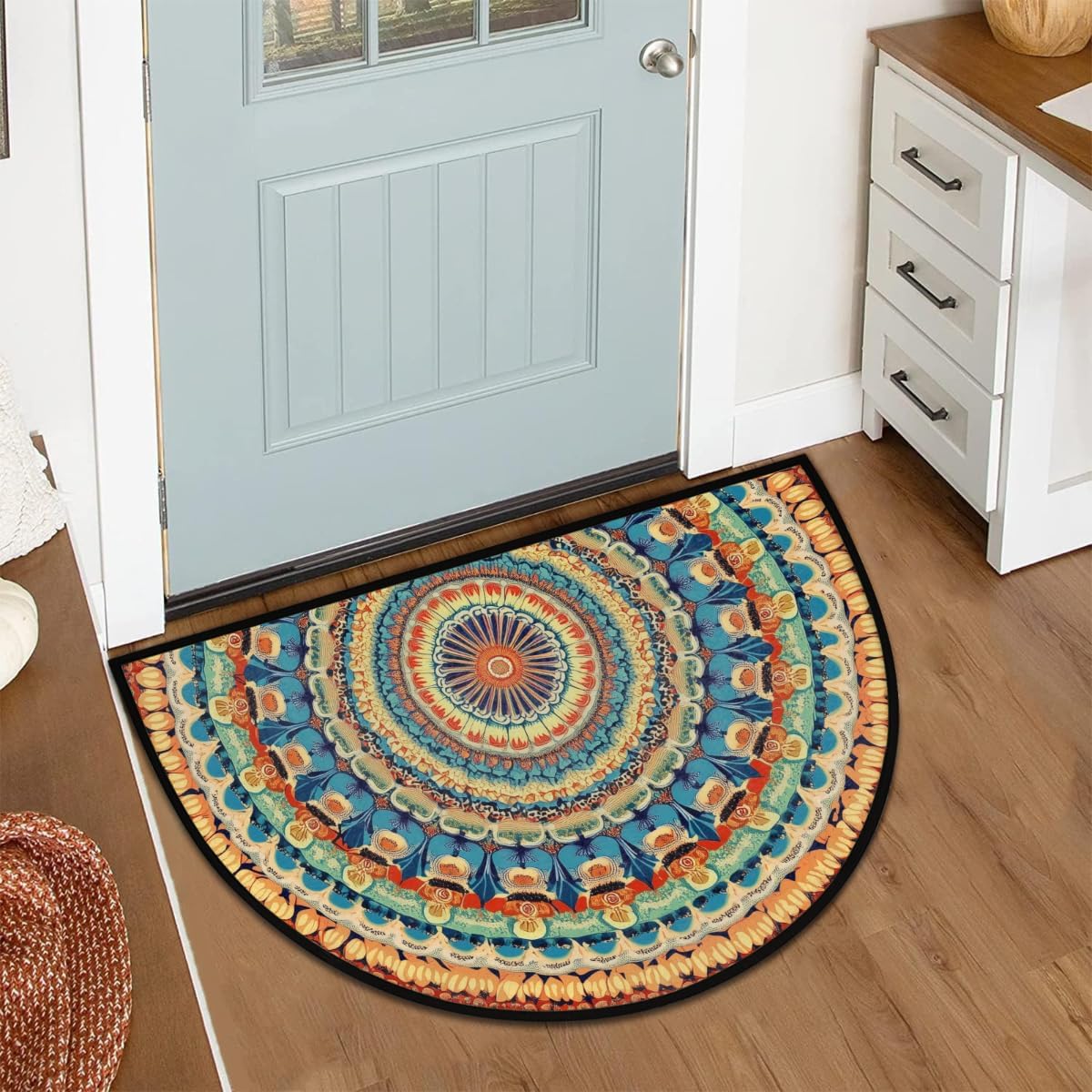 Mandala Half Round Door Mat Soft Non Slip Semi Circle Bath Rug with TPR Backing,Boho Flowers Tribal Welcome Doormat Entryway Rugs for Front Door Living Room Bathroom,36x24IN