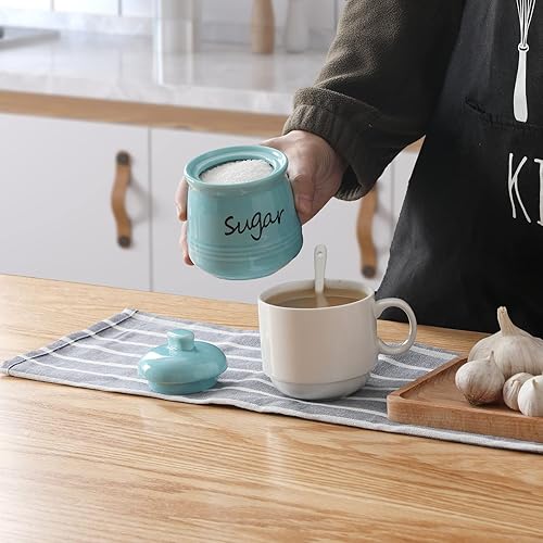 Miniatura 2 de ONTUBE Azucarero de cerámica con tapa y cuchara 12oz (azul turquesa)