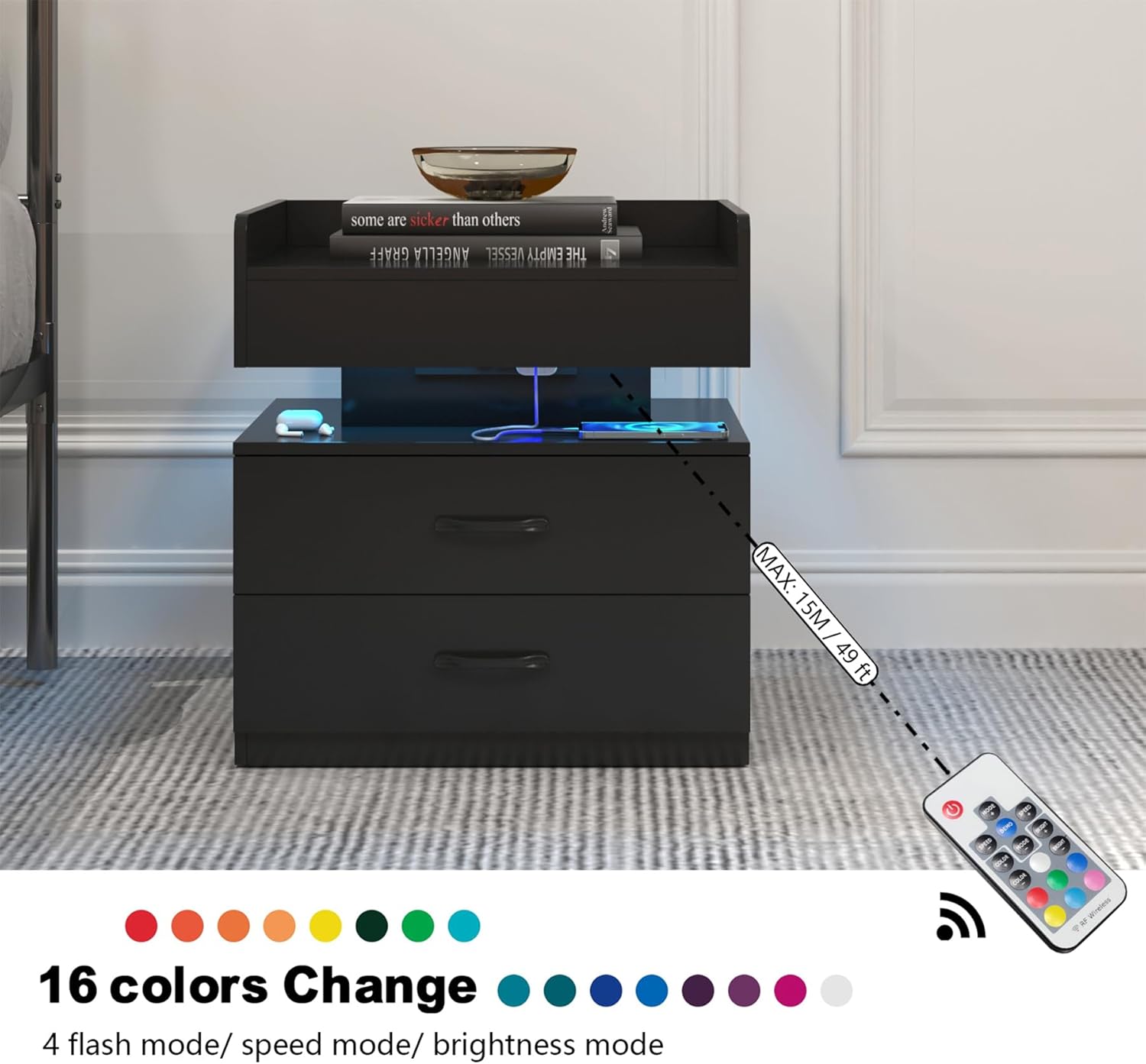 Adjustable LED Nightstand with USB Charging Port, 2 Drawers and Large Storage – Multi-Functional Use as Bedside Table Coffee Sofa Side or Study Desk End Table (Black)