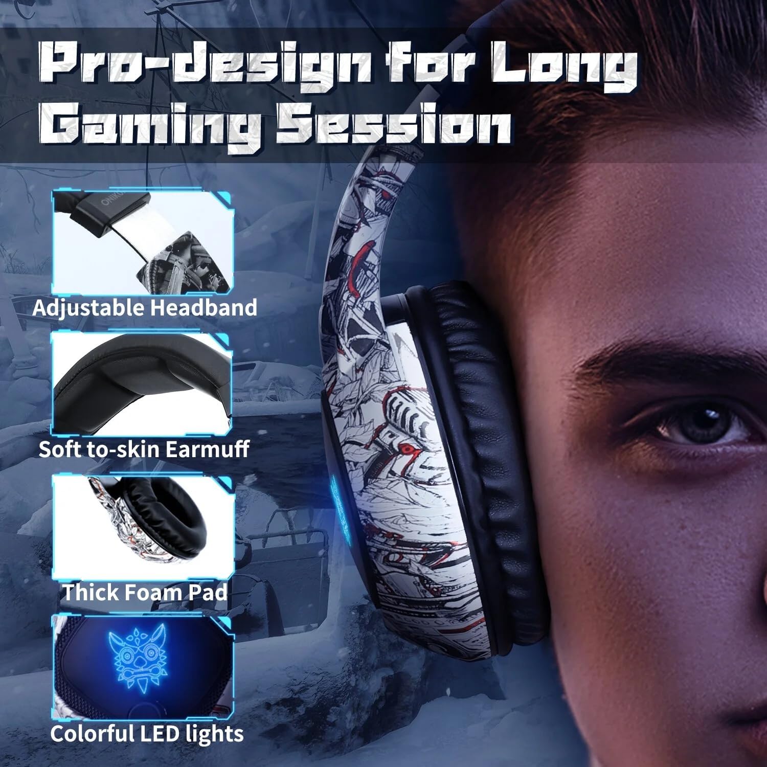 ONIKUMA K19 Gaming Headset, Stereo Bass Surround Headset LED RGB 3.5mm Headphone for PS4 Xbox One Nintendo Switch PC PS3 Mac, Noise Cancelling Mic LED Light, Designed Technically for Gamer