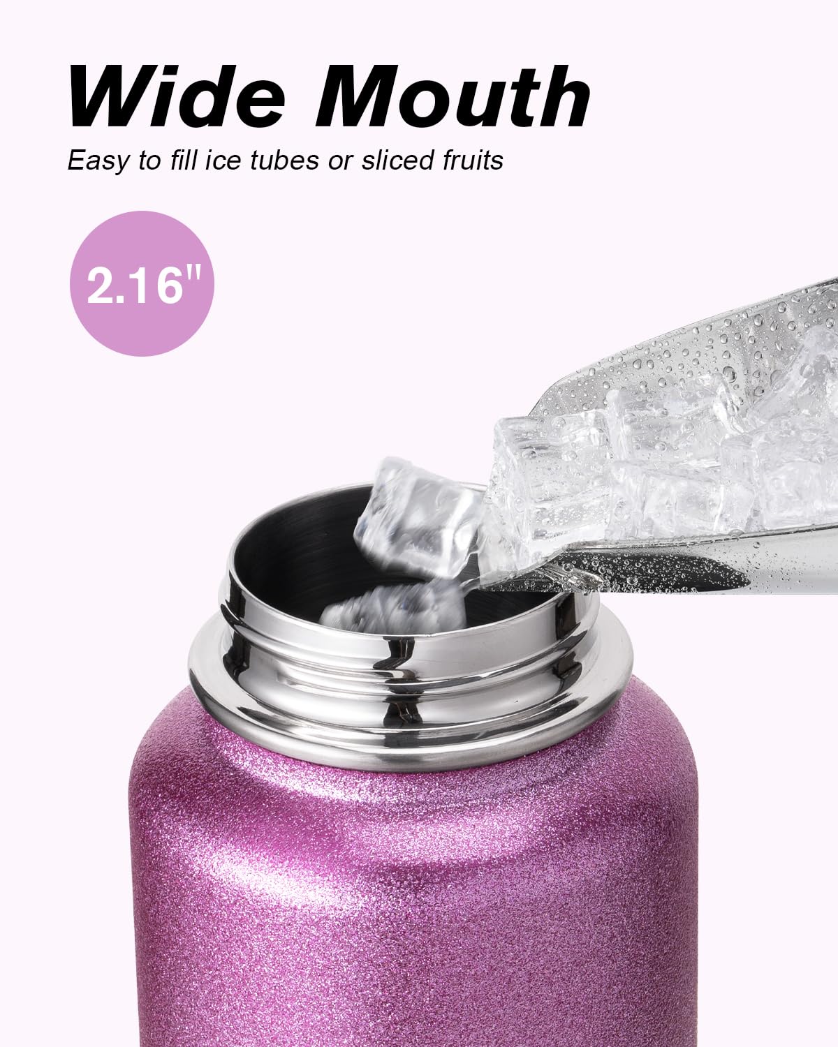 Coolflask Borraccia termica con cannuccia, in acciaio inox, con 3 coperchi, imboccatura larga, per sport o ufficio, senza BPA, mantiene il freddo fino a 48 ore o caldo fino a 24 ore, rosa glitterato