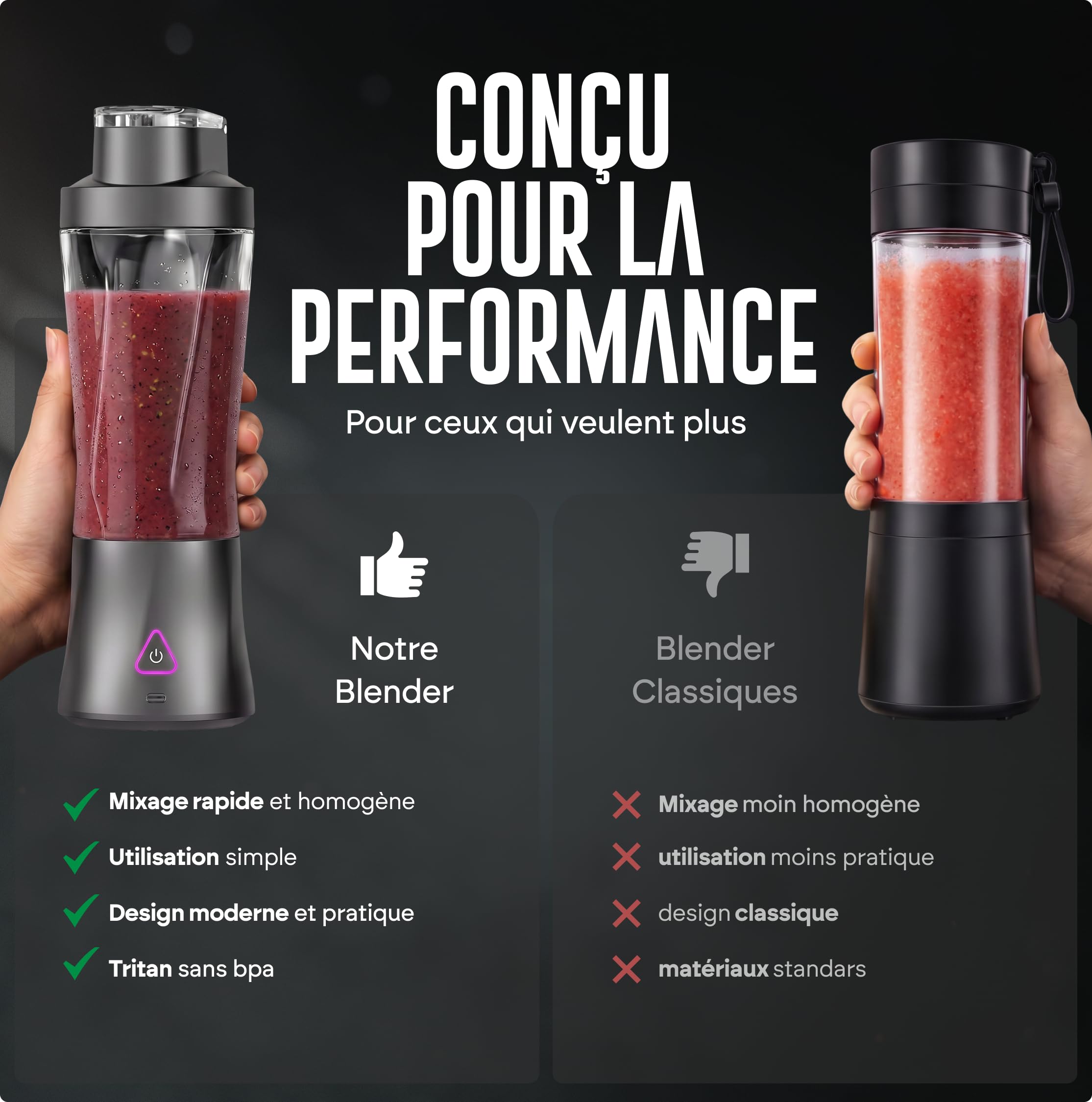 Blender Portable 700 ml, Mixeur Smoothie & Milkshake Rechargeable, 6 Lames Inox, 360 W, Broyeur à Glace, Shaker Protéiné Fruits et Légumes, Nettoyage Facile avec Brosse Incluse