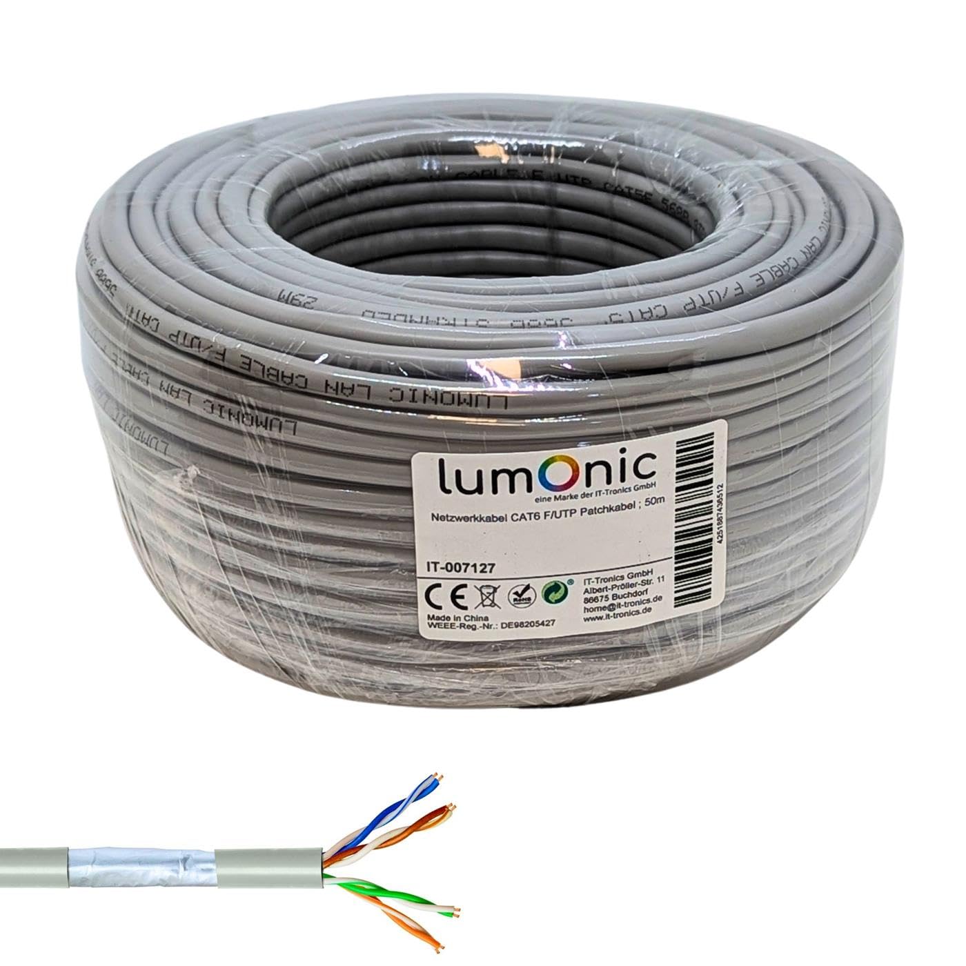 Lumonic 50m Cable de red CAT 6 F/UTP I Cat6-cable, Gigabit Lan Cable, Ethernet Cable I Cable de conexión flexible apantallado, para uso en interiores hasta 250 MHz