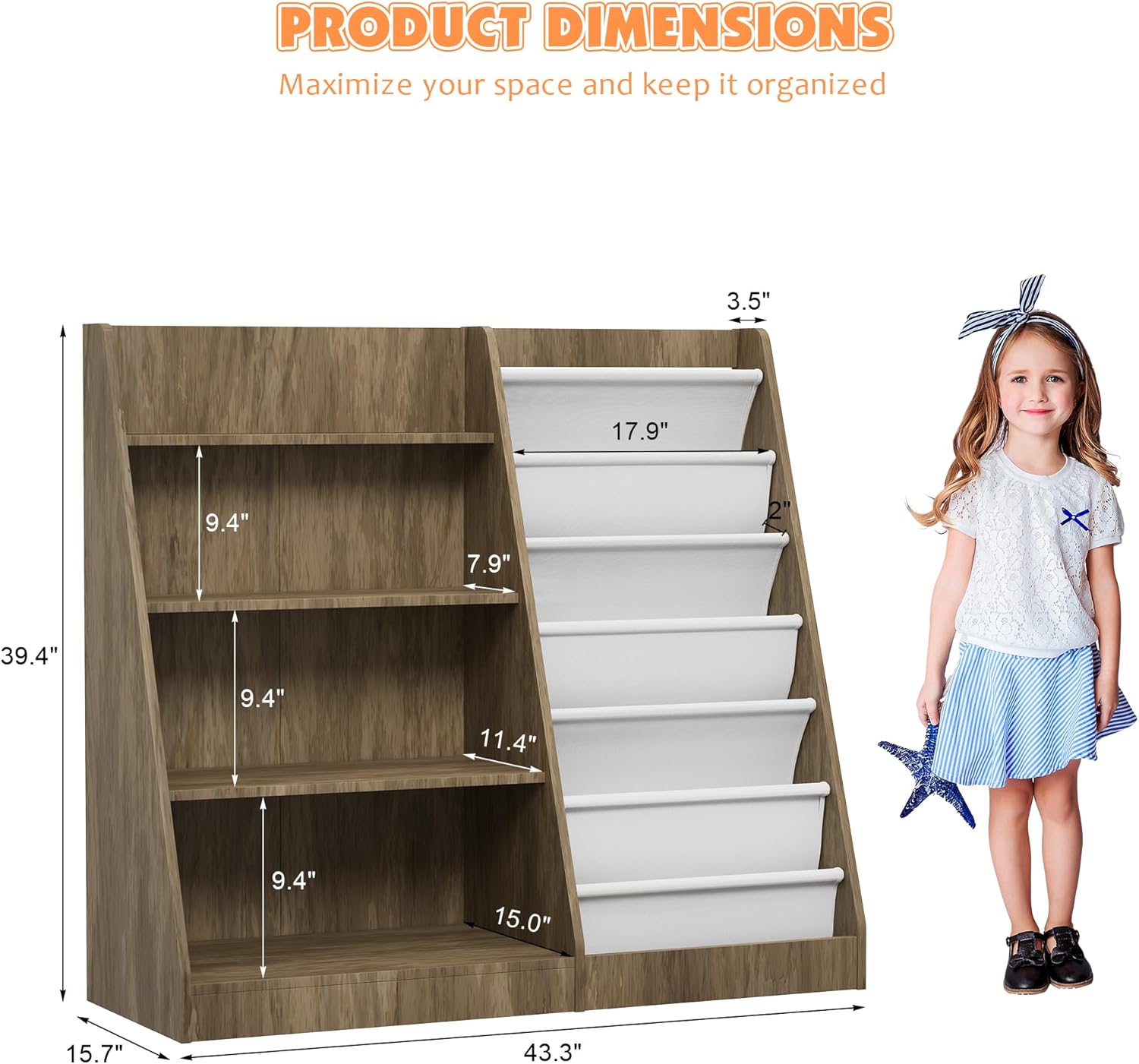 Kids Bookshelf Wood Toy Storage Organizer Cabinet Children Bookcase Toddler Baby Sling Book Rack Adjustable Shelf for Playroom Bedroom Nursery Hallway School Kindergarten