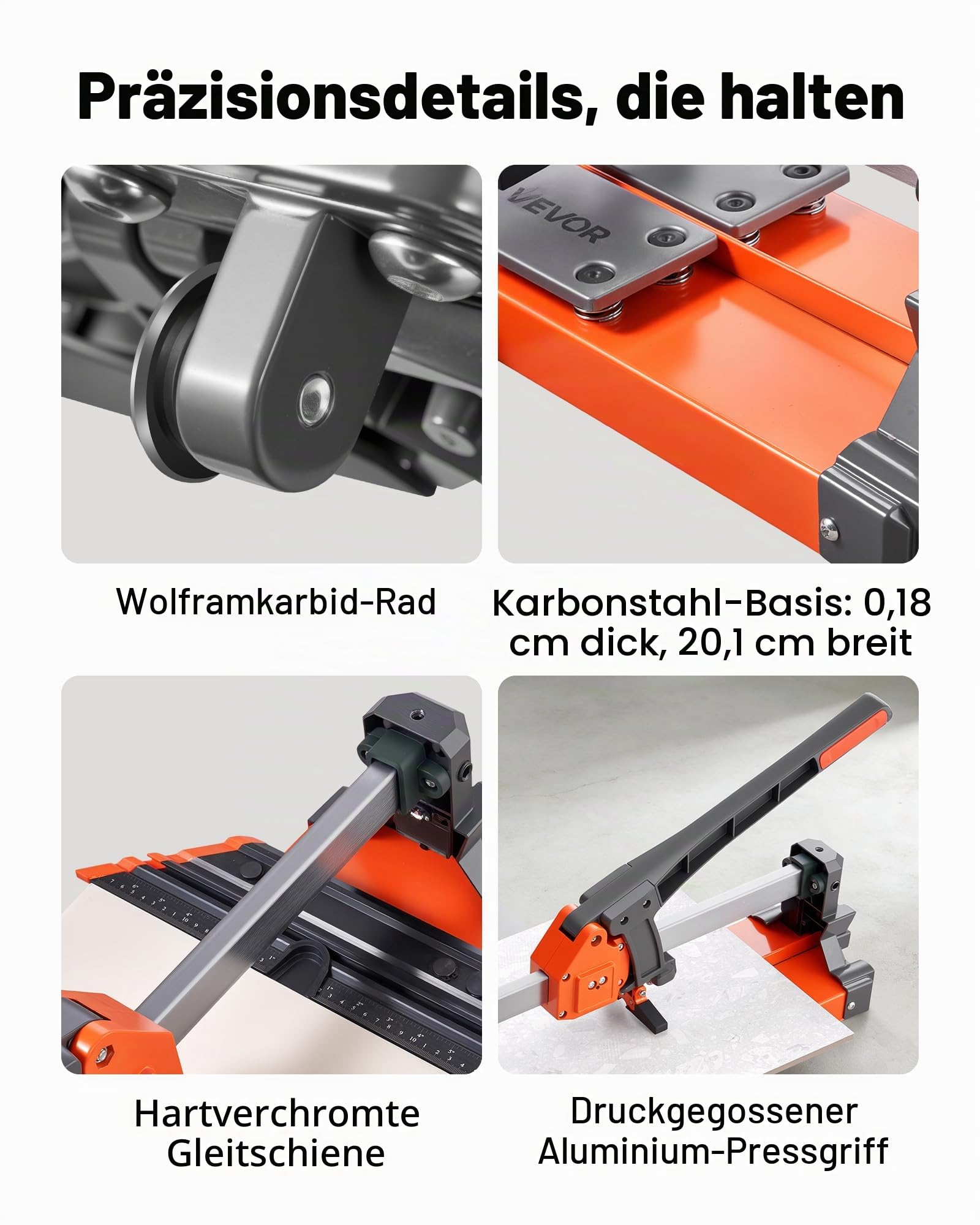 VEVOR Fliesenschneider 1200 mm, Fliesenschneidmaschine mit Federbelasteter Basis & Verstellbarem Winkelanschlag, Wolframkarbid-Schneidscheibe, Präzisions-Ausrichtungshilfe, für Keramikfliesen
