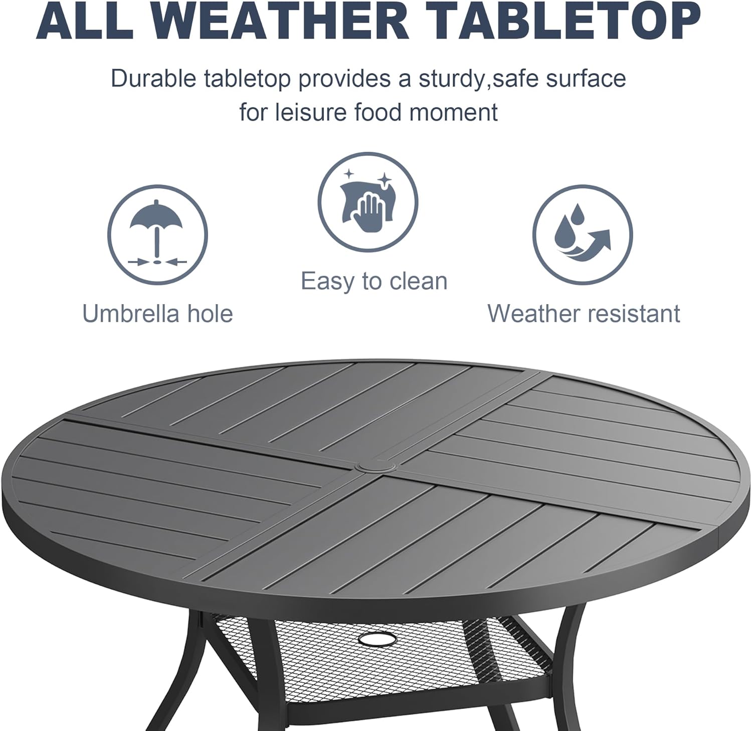 VICLLAX 47.2" Round Patio Dining Table for 4-6, All Weather Metal Outdoor Table with 1.57" Umbrella Hole and Storage Shelf for Garden Lawn Deck, Black