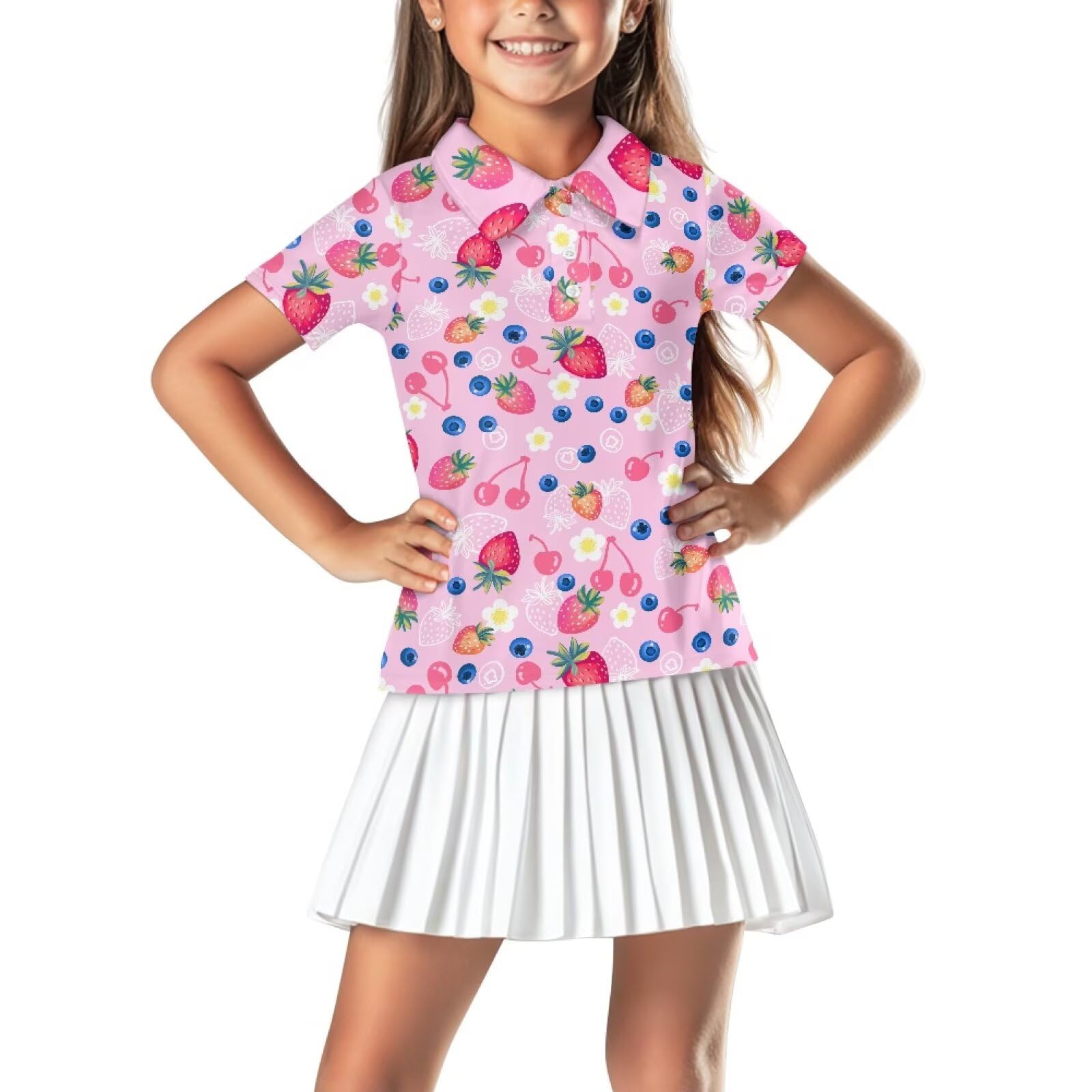 Spowatriy Strawberry Cherry Girls Golf Shirt Short Sleeve V Neck Tennis T Shirt Quick Dry Collared Athletic Tops Moisture Wicking