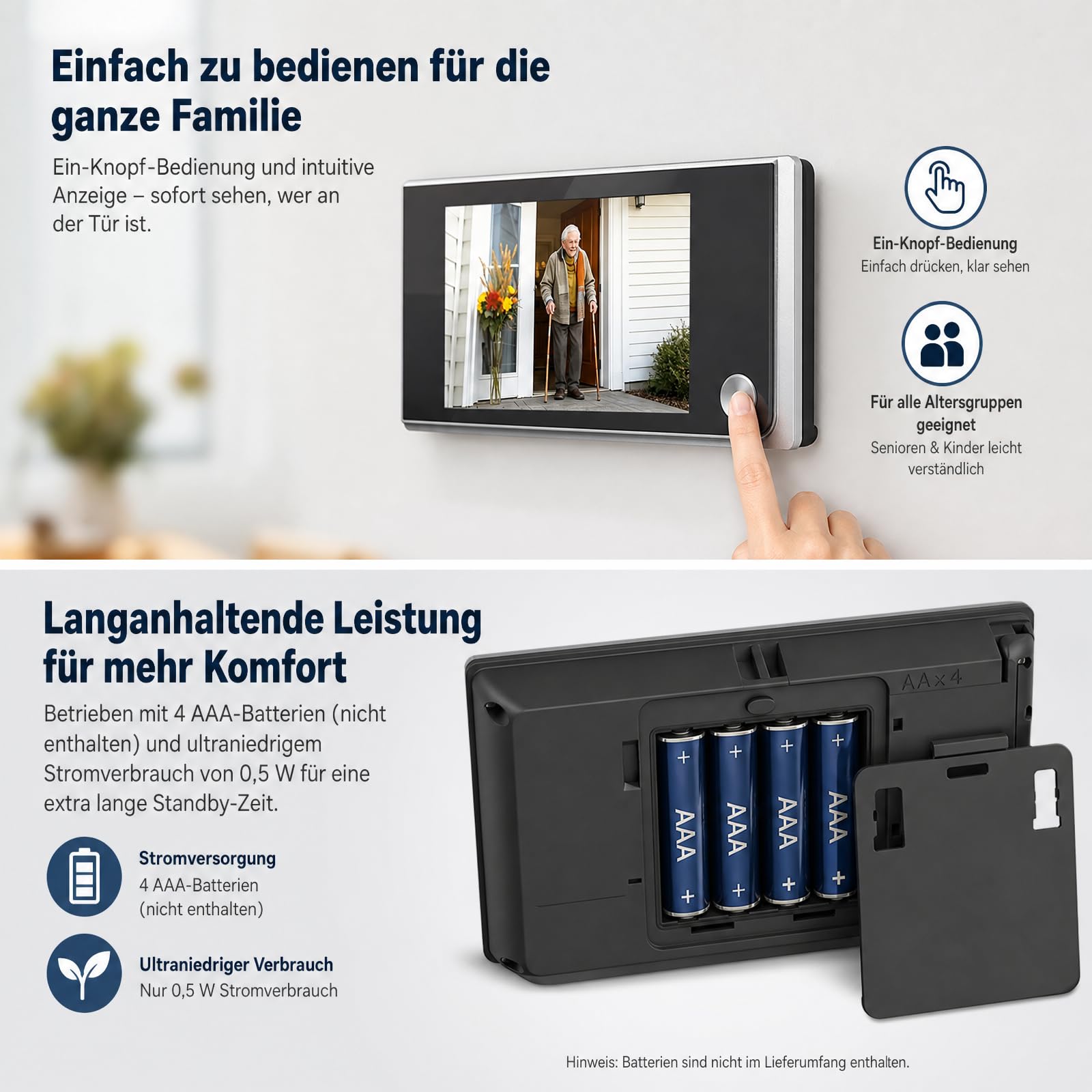 Türspionkamera mit Türklingel 3.5" LCD 120° Weitwinkel HD Haustür | 2MP Auflösung, Zinklegierung Anti-Pry, AAA Batteriebetrieben, Kabelloser Einbau, Gucklochkamera, 35-100mm Türdicke