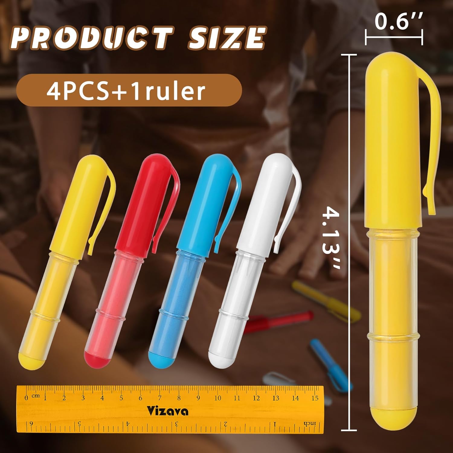 Fabric Chalk Markers for Sewing,Quilting,Crafting|Erasable Tailor Chalk|Work on Various Fabrics|Dosing Wheel Drawing Intricate Patterns Precise Lines-Per Pack(Red,Yellow,Blue,White and 1Ruler)