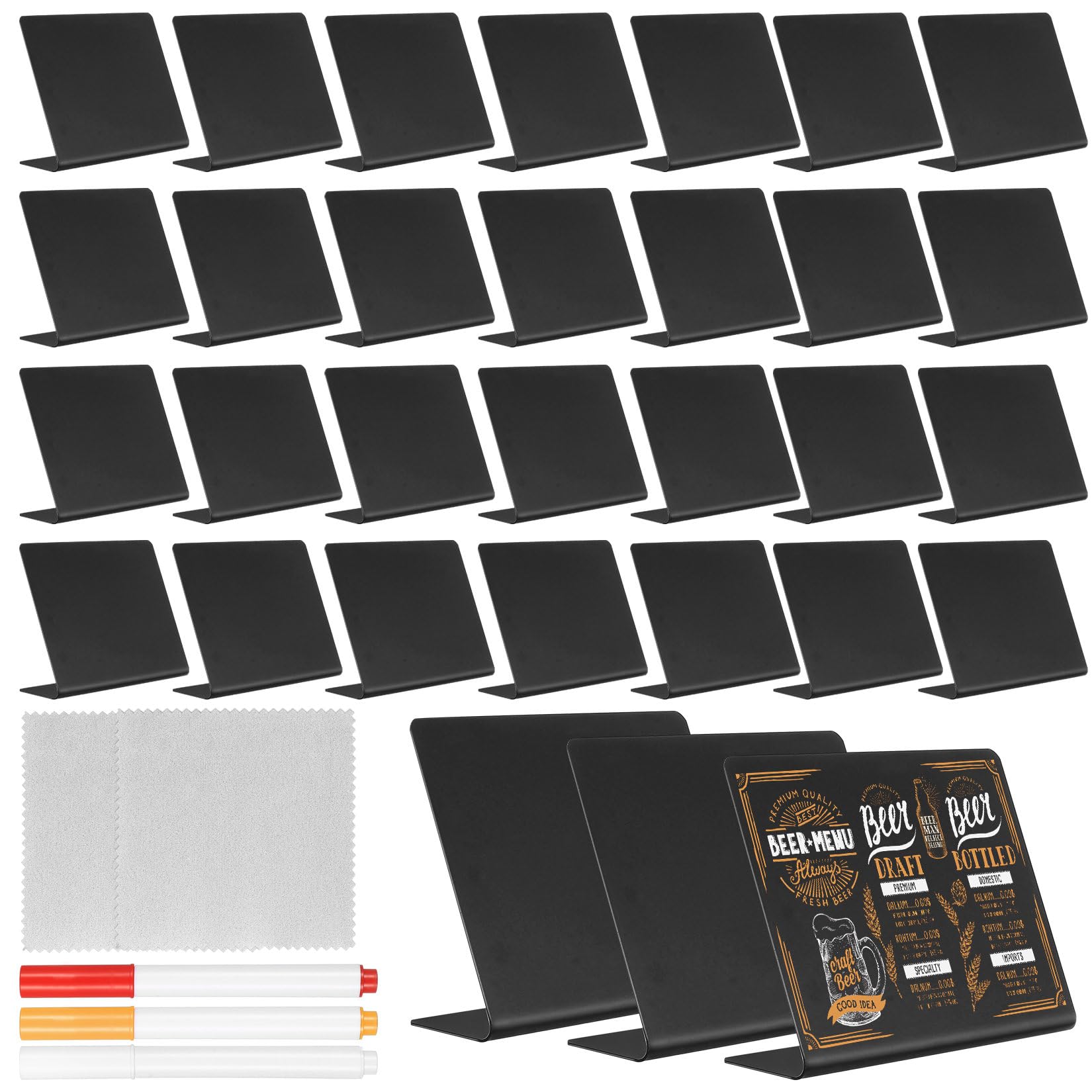 31 sztuk mini tablicy stołowej 100 x 75 mm + 3 markery 2 ściereczki | Dwustronna ścieralna podstawa L wizytówka cenowa bufet łatwy do czyszczenia wielokrotnego użytku restauracja impreza biuro