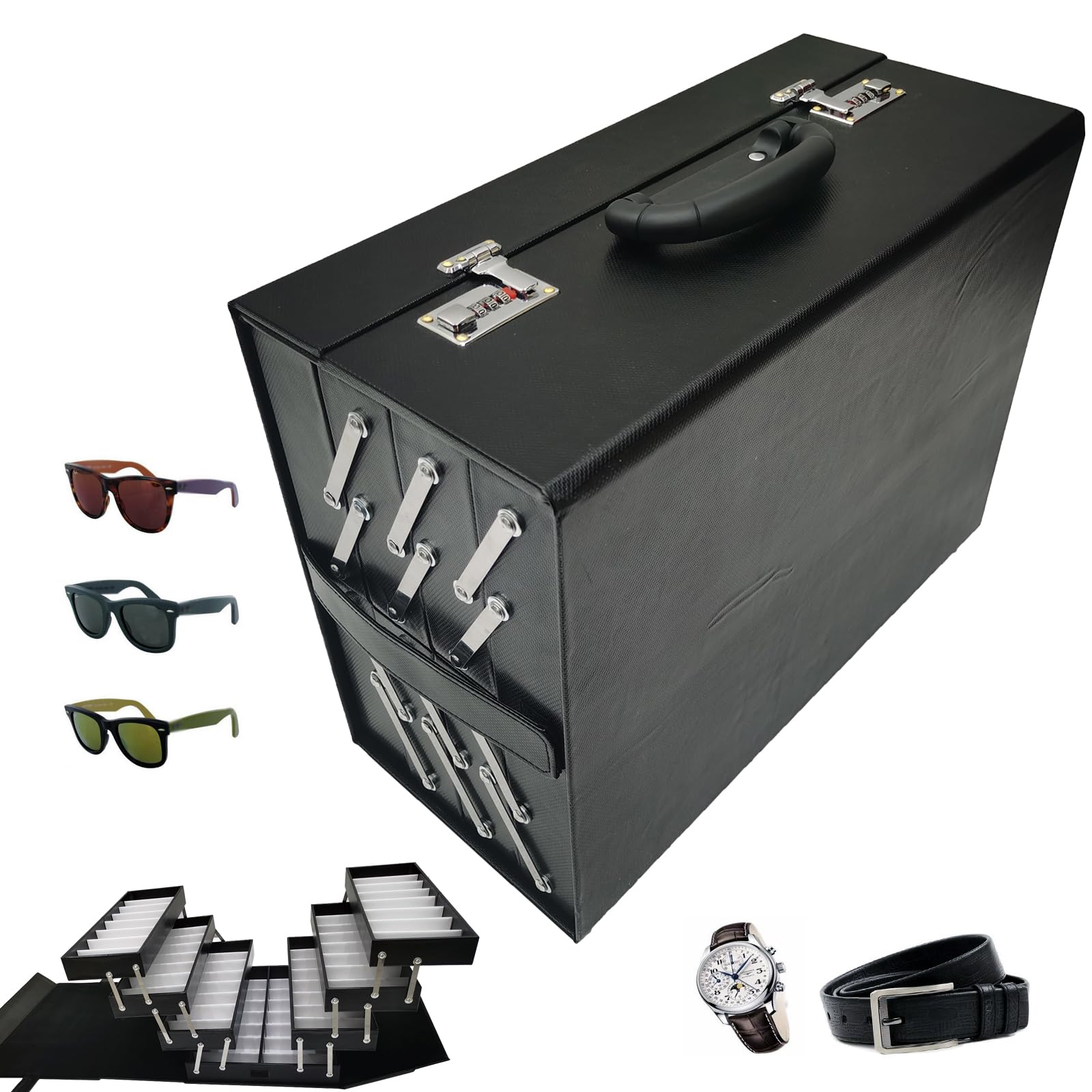 INTSUPERMAI Eyeglasses Storage Organizer Foldable Suitcase with Password PU leather Glasses Eyewear Display Case Box