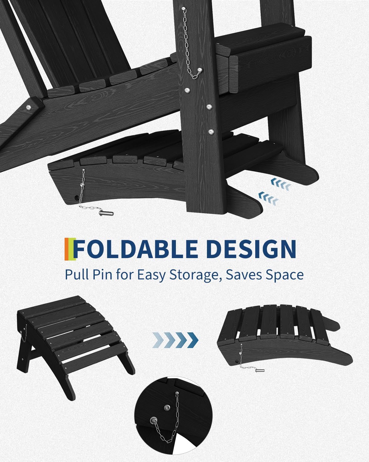 Garvee Folding Adirondack Ottoman, HDPE Outdoor Footrest for Adirondack Chair, All-Weather Resistant for Deck Backyard Patio Outside Poolside Porch Lawn - Black