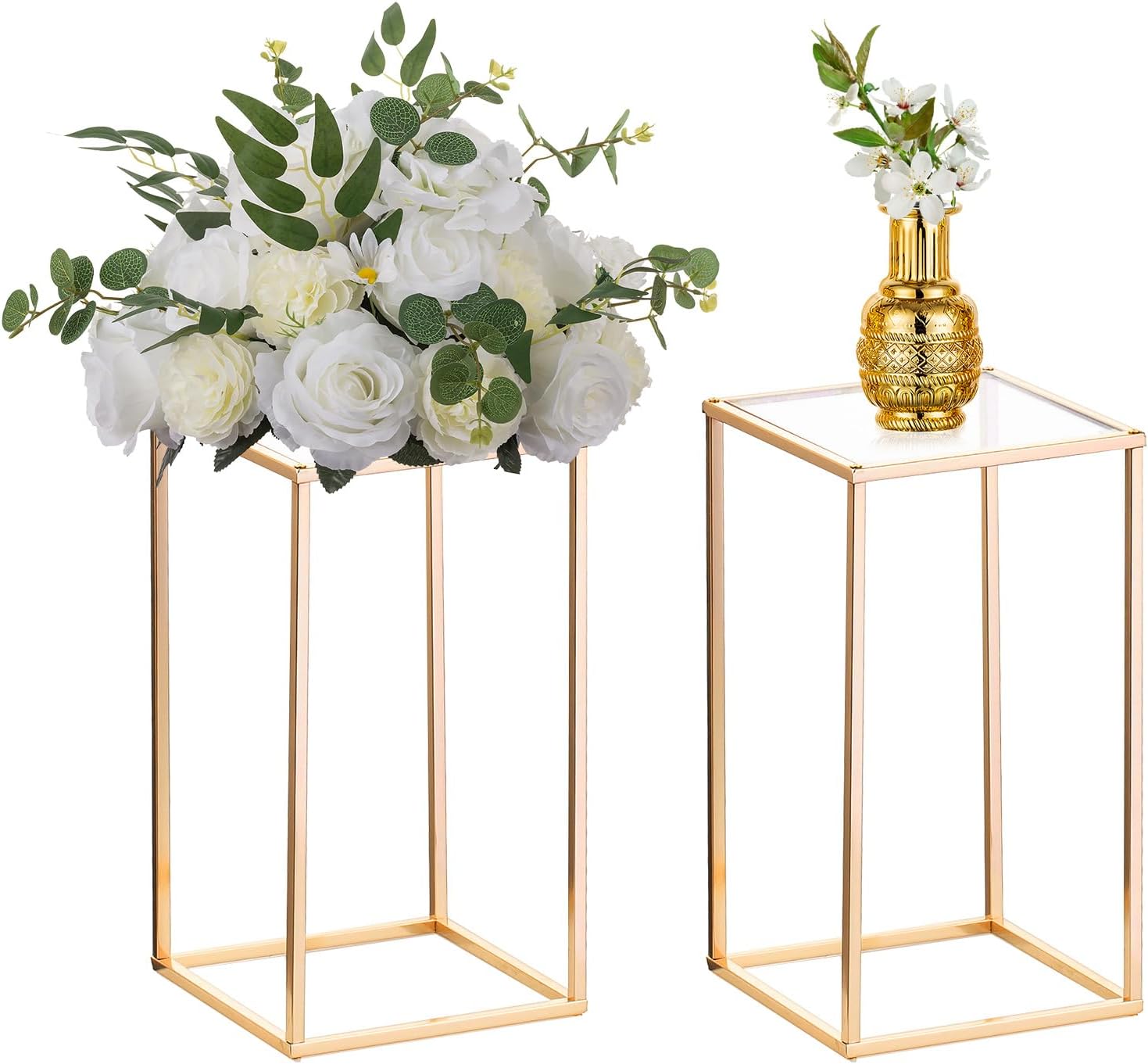 Nuptio 2 Pcs Metal Floor Vase Column Stand Geometric Centerpieces for Tables, 15.75in Tall Gold Holder for Home Party Wedding Decorations, Rectangular Display Rack