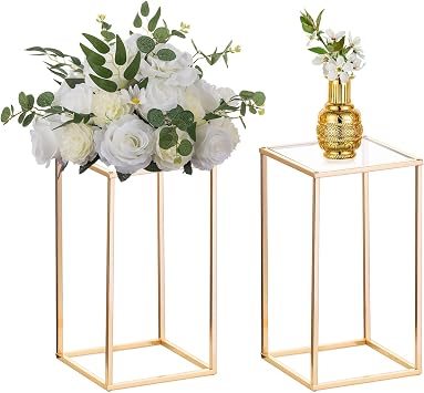 Nuptio 2 Pcs Metal Flower Floor Vase Column Flower Stand Geometric Centerpieces Vase for Tables, 1534 inch Tall Gold Flower Holder for Home Party Wedding Decorations, Rectangular Flower Display Rack