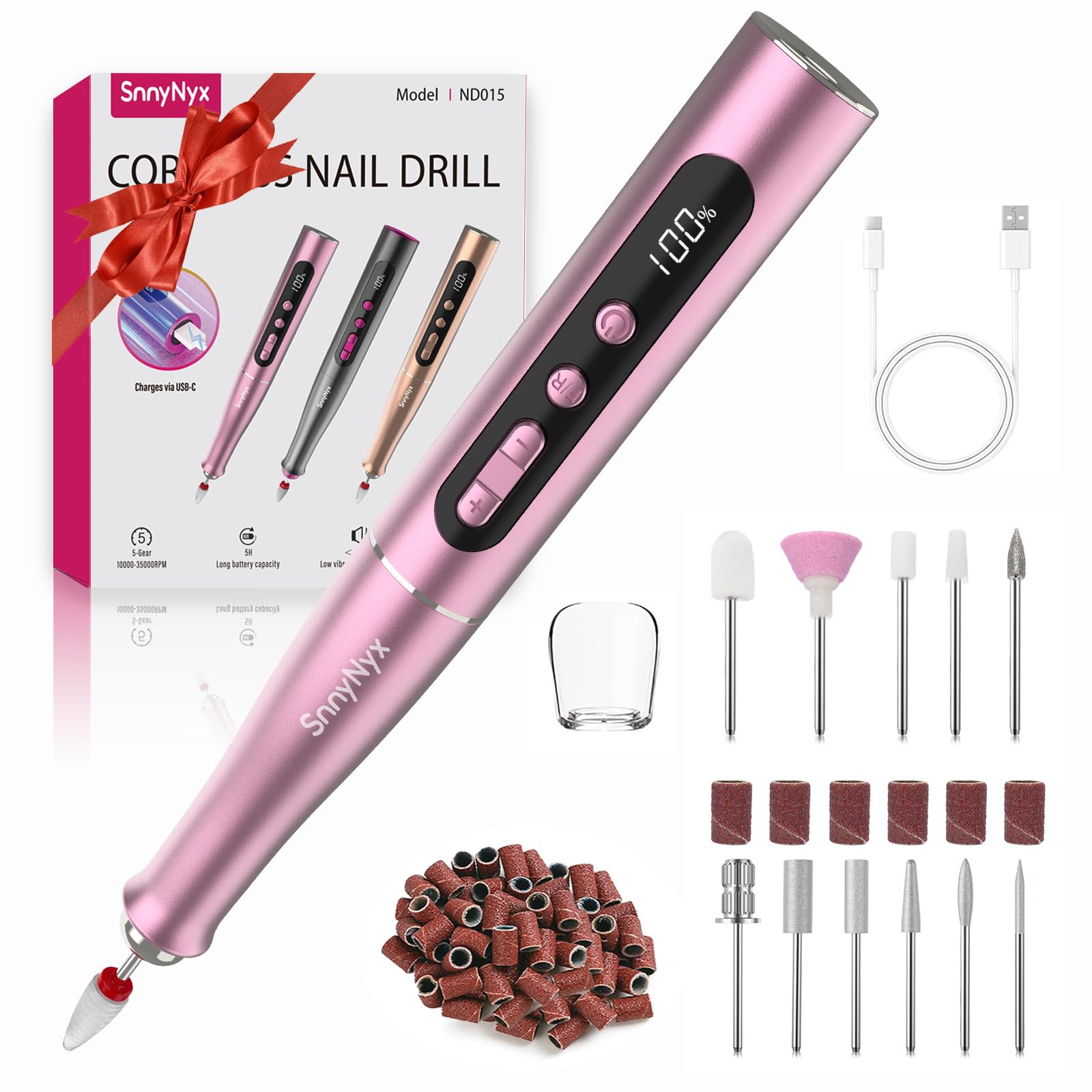 SnnyNyx Cordless Electric Nail Drill 35000 RPM, Professional Portable Nail File for Acrylic Nails & Gel Polish Removal, Low Vibration & Heat E-file with 11 Drill Bits, Salon-Quality Manicure Pedicure Kit (Rose Pink）