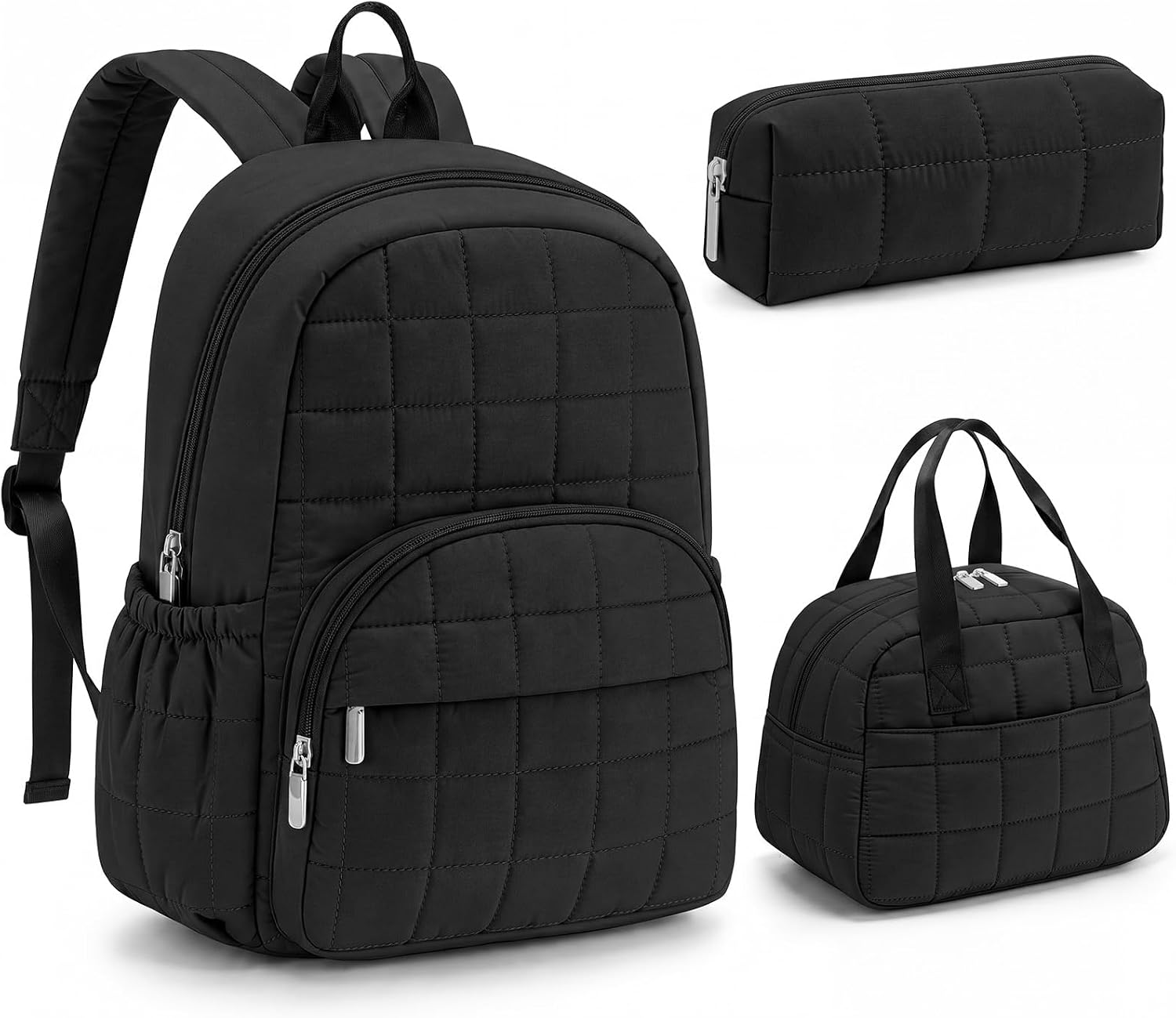 Gilprop 3 Pcs Quilted Puffer Backpack with Lunch Box Pencil Case