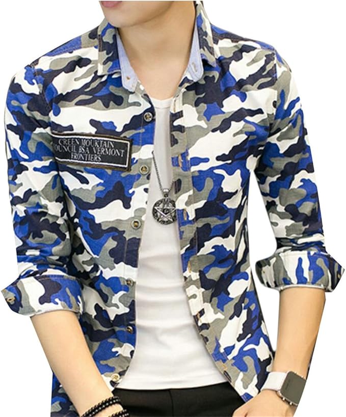 M&S&W Men's Camouflage Print Button Down Top Shirts Blouse Blue 2XL at