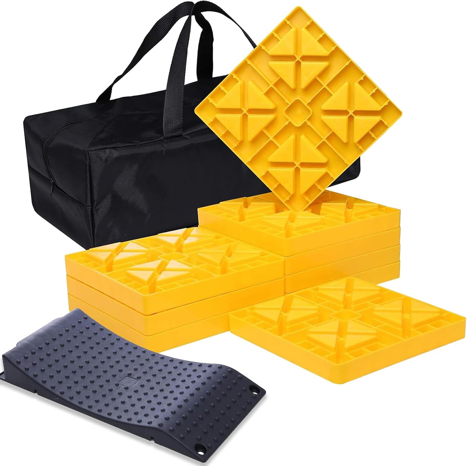 Homeon Wheels RV Leveling Blocks One Top Tire Wheel Chock and 9 Pack Interlocking Leveling Blocks with Carrying Bag Heavy Duty Camper Leveling Blocks and Chocks Anti-Slip Pads Design Yellow Black