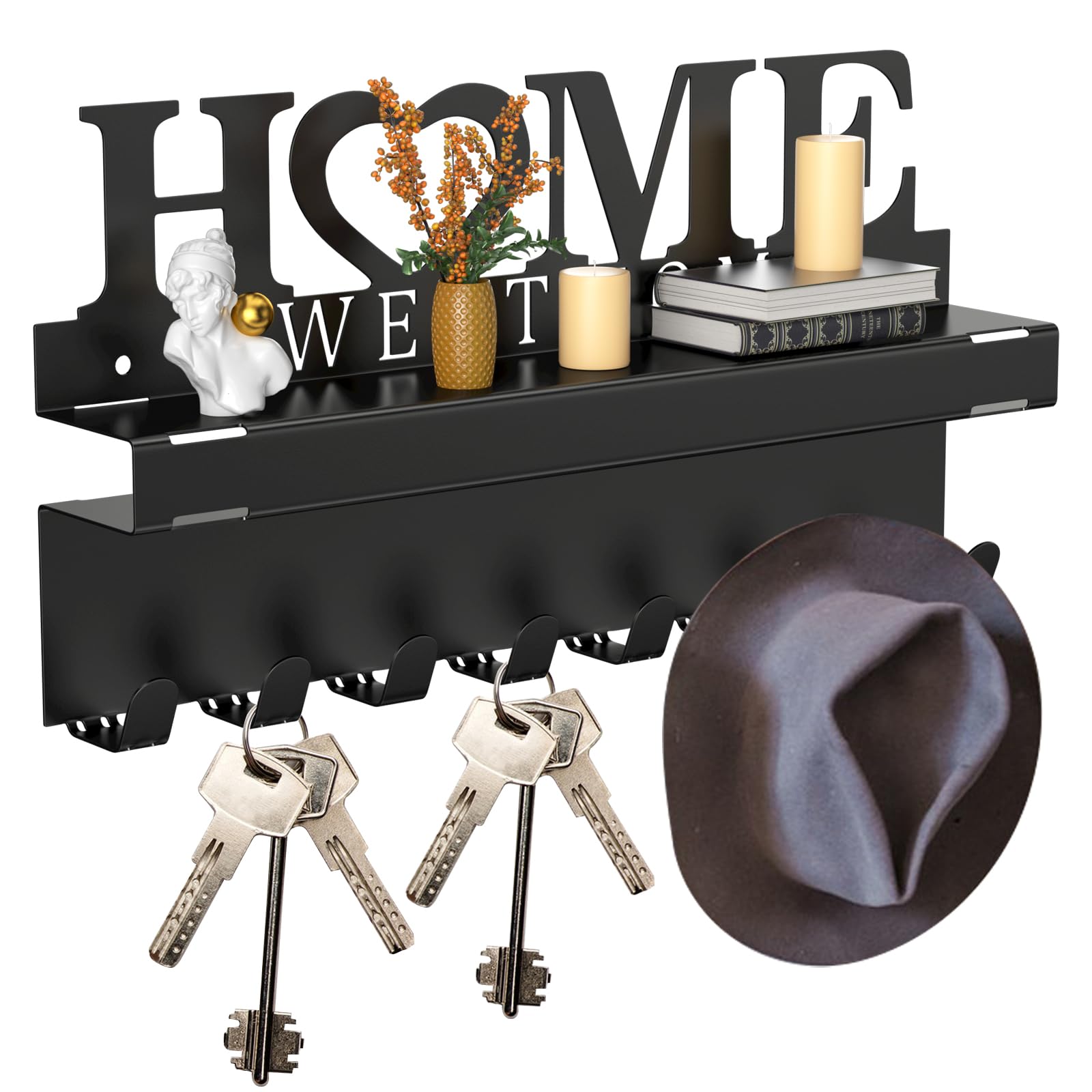Colgador Llaves con 8 Ganchos, Cuelga Llaves Pared con Estante, Porta Organizador Llavero Decorativo, Colgar Portallaves Soporte, Perchero Pared, Apto para Dormitorios, Entradas, Negro
