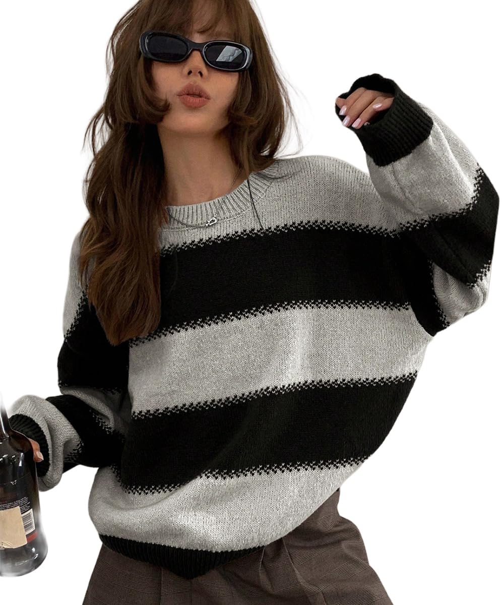 SKAYS Womens Retro Contrast Striped Sweater Loose Round Neck Long Sleeve Knitted Pullover