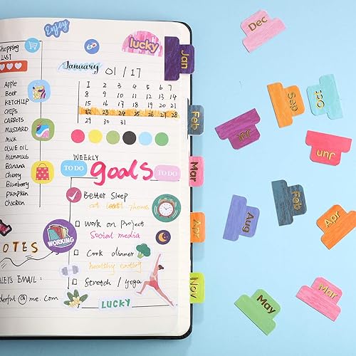 Miniatura 6 de 24 pestañas mensuales para planificador, pestañas adhesivas para planificador mensual, calcomanías coloridas y neutras metálicas, accesorios de