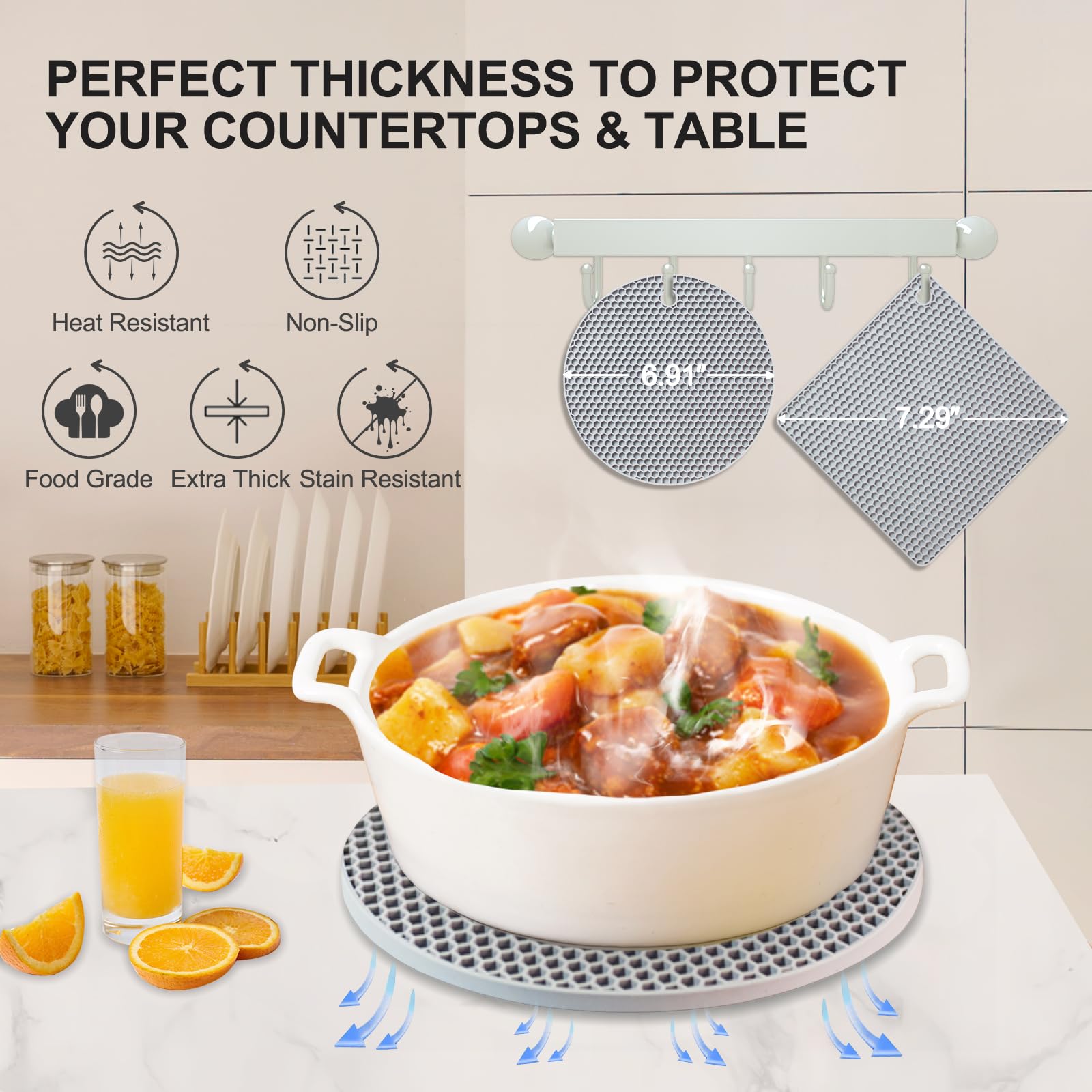 Salvamanteles de silicona, paquete de 4 soportes para ollas para cocina, resistentes al calor, antideslizantes, para platos calientes, ollas y sartenes, encimera, mesa, silicona de grado