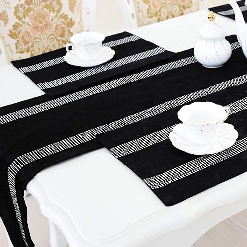 Miniatura 4 de San Tungus Camino de mesa con borlas con tira bilateral de diamantes de imitación para estilo europeo moderno, 13 x 72 pulgadas, color negro