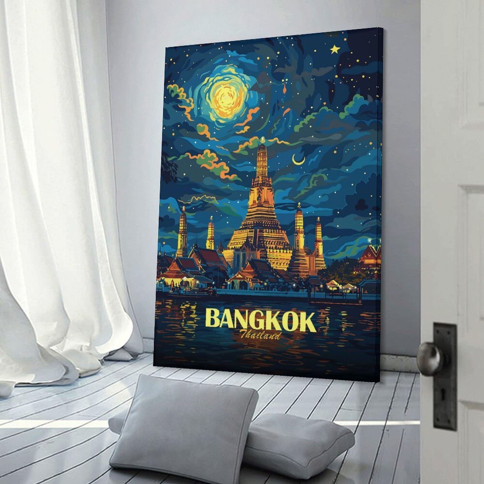 Junmoney Bangkok Thailand Nightscape Canvas Wall Art, 16x24inch(40x60cm), for Bedroom Decor, Cosy Corners Or Studios, Stylish Decor for A Restful Room Update