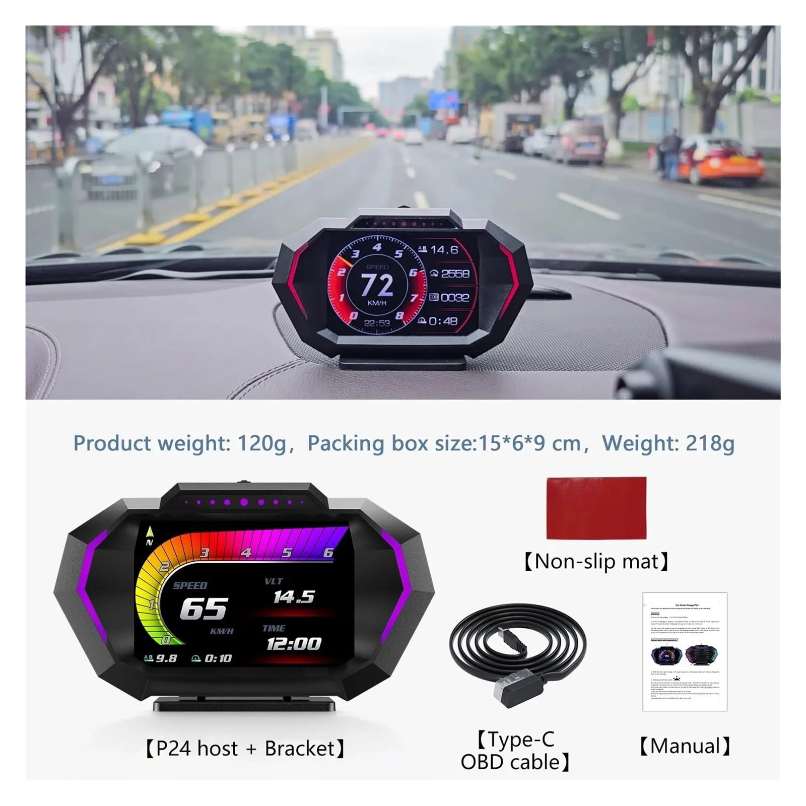 Wyświetlacz Head Up HUD + GPS P24 Samochód OBD Komputer Pokładowy Prędkościomierz Cyfrowy Temperatura Wody Zużycie Paliwa Miernik Nachylenia łAtwy W MontażU
