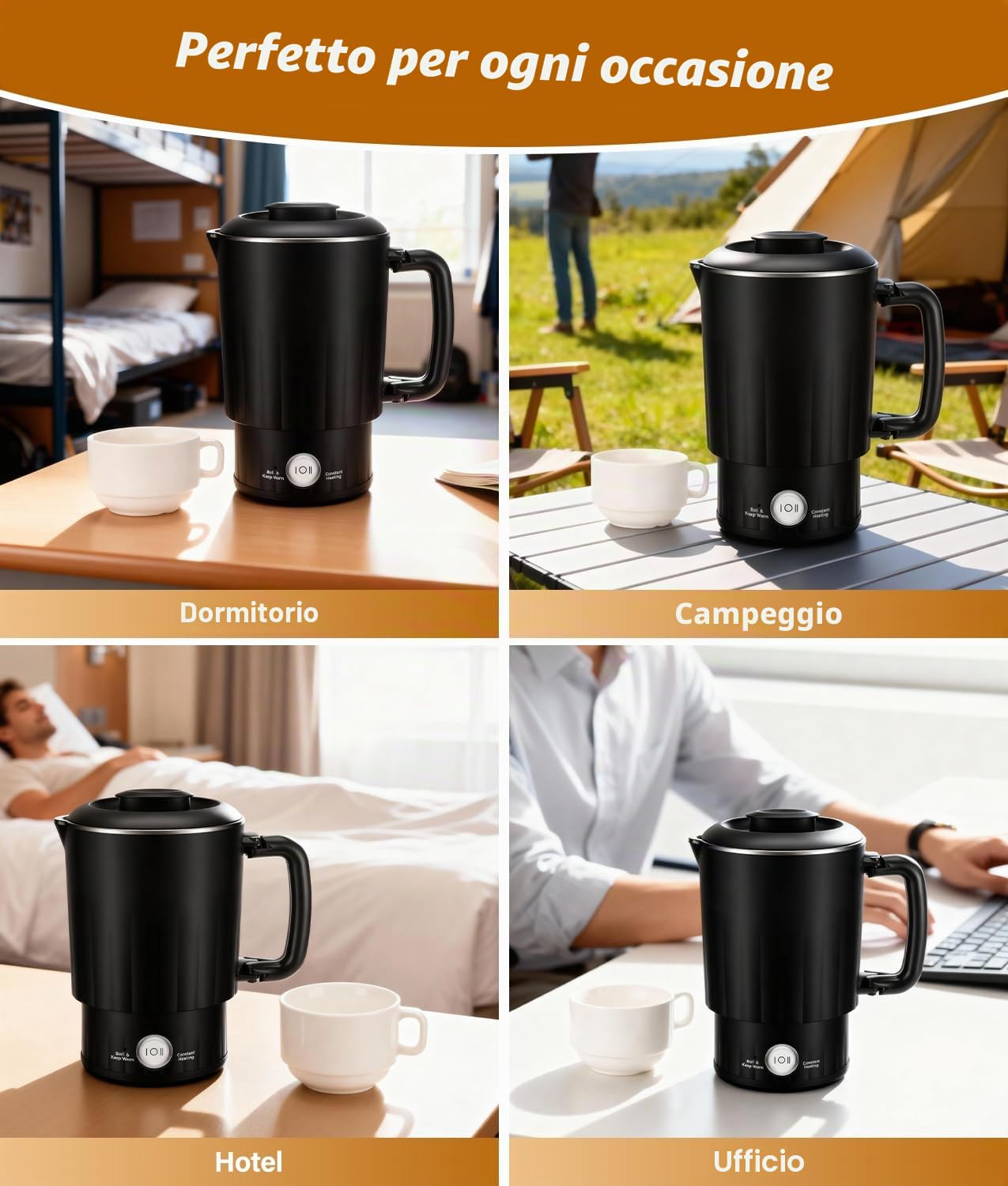 PAHTTO Bollitore elettrico in acciaio inossidabile, 800 ml Bollitore elettrico con una tazza, senza BPA, riscaldamento in 5 minuti, perfetto per la famiglia, i viaggi, l'hotel, il campeggio (nero)